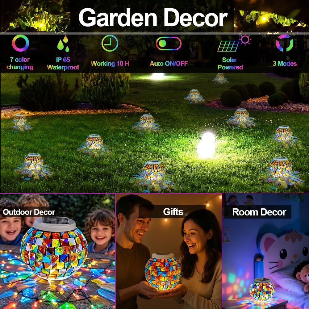 Aukora Color Changing Solar Powered Glass Ball Garden Lights, Table Lamps Waterproof Night Light for Patio, Party, Yard, Room, Bar, Wine Cabinet, Outdoor/Indoor Decorations, Ideal Gift(Mosaic Glass)