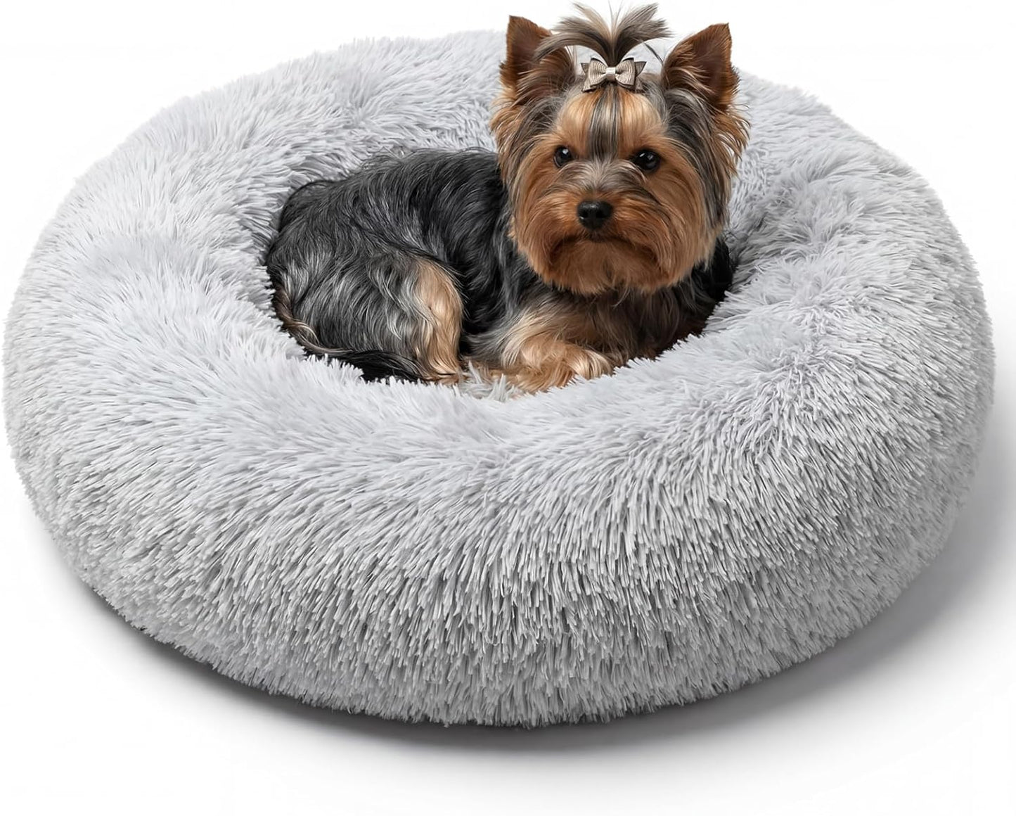 Calming Donut Dogs Beds for Small Dogs Washable,19inch Fluffy Round Puppy Bed for Puppies,Cats & Toy Breeds with Raised Rim,Fits up to 15 lbs Pets,Frost Grey