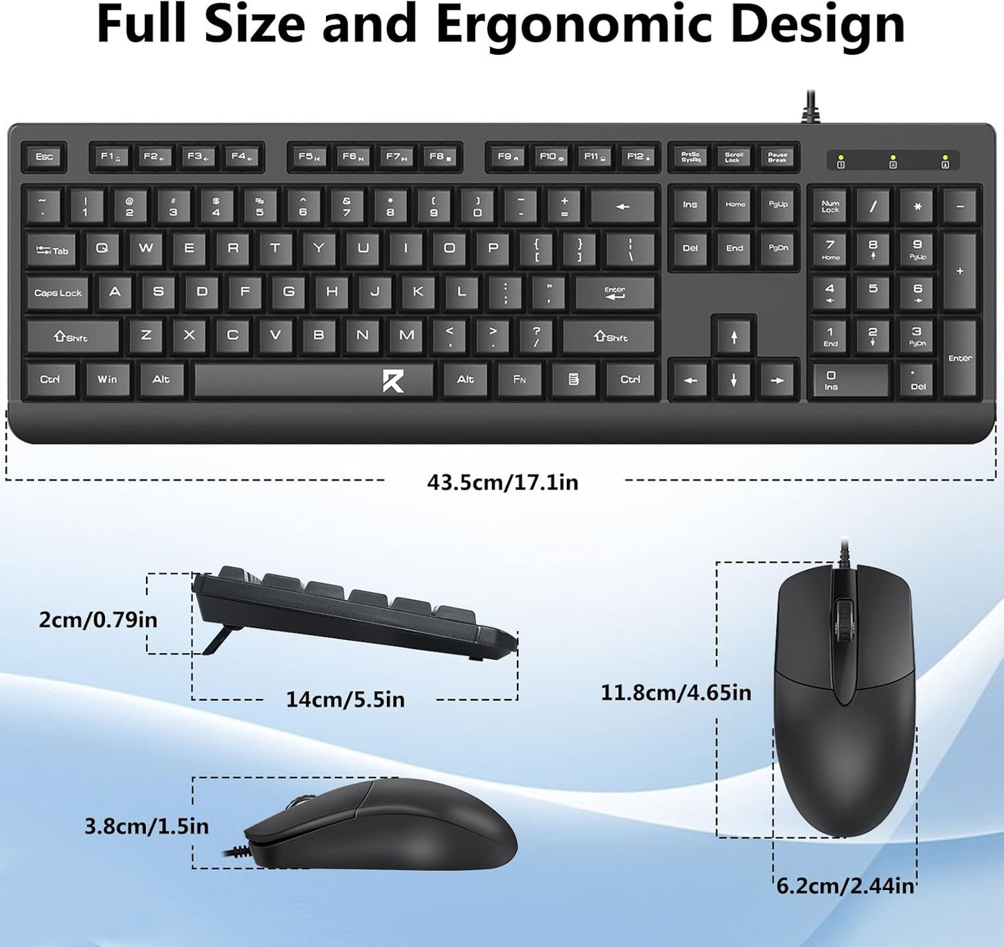 Redragon Wired Keyboard and Mouse Combo, Full-Size Spill Resistant Large Print Quiet Computer Keyboard and Optical USB Wired Mouse, Plug and Play for Windows PC, Mac OS Desktop/Laptop - Black