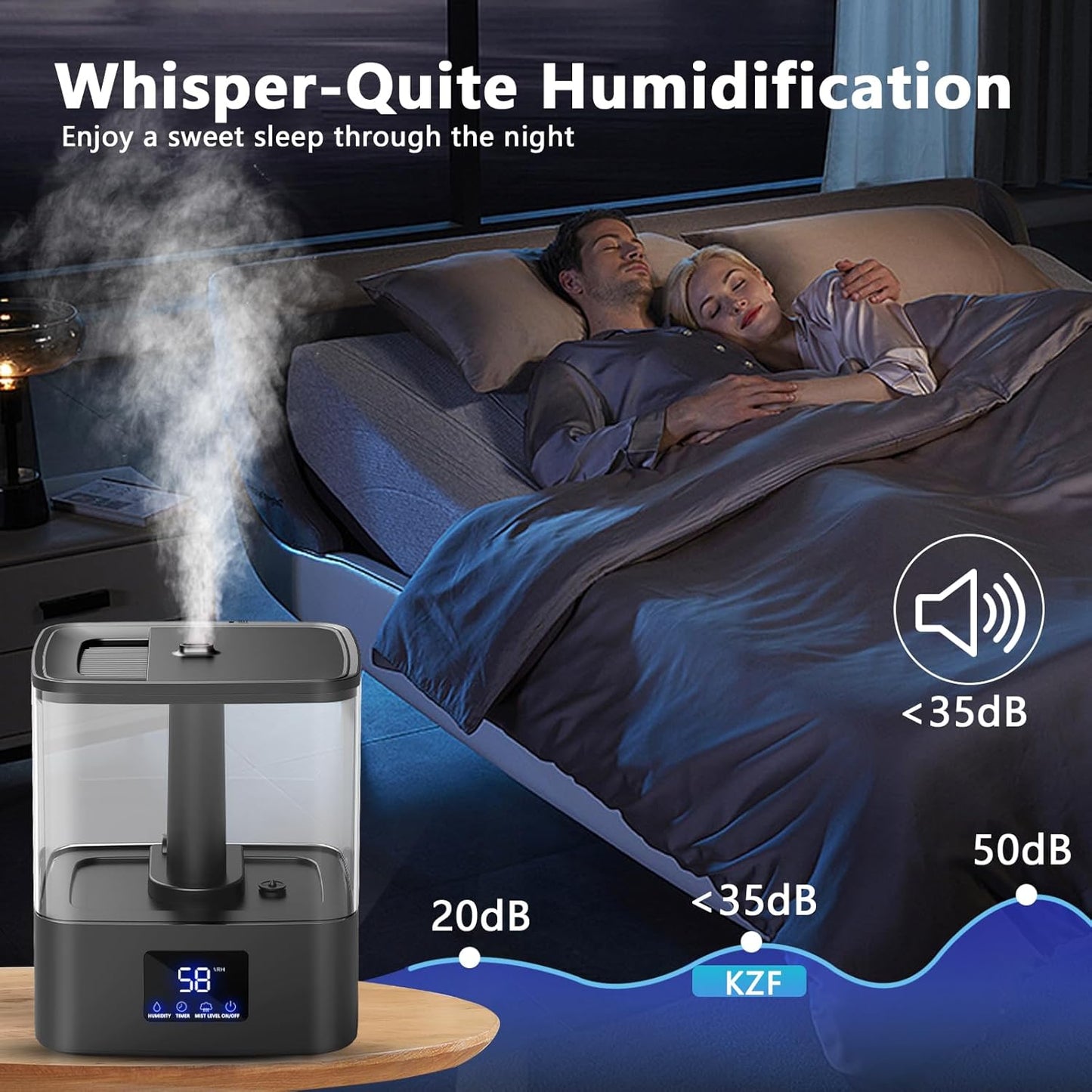 KZF 4L Top Fill Humidifiers for Bedroom & 60H Runtime - Cool Mist Humidifier, 3 Mist Levels, 8H Timer, Essential Oil Tray, Humidity Display, Quiet for Bedroom, Baby, Plants, Large Room (Black, 4L)