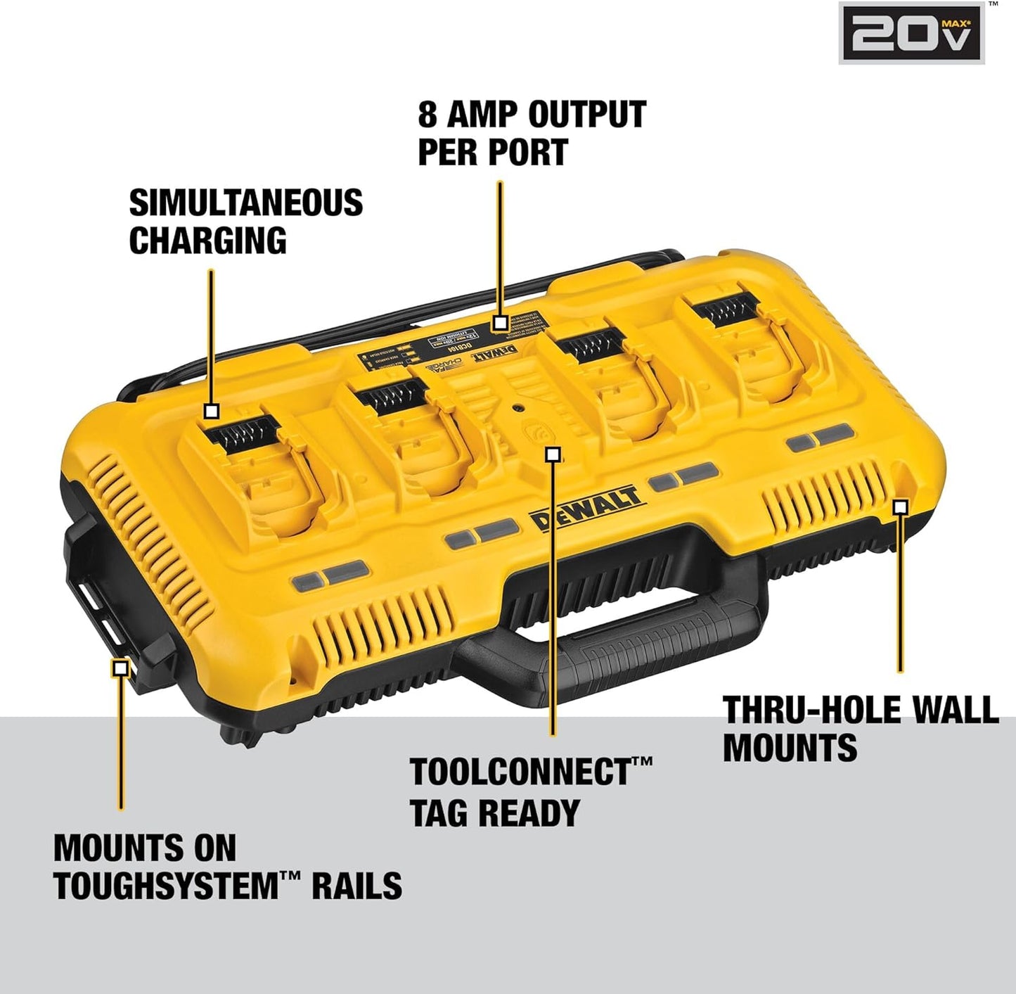 DEWALT Battery Charger for 12V MAX, 20V MAX and FLEXVOLT 20V/60V MAX Batteries, 8 Amp, 4 Port Simultaneous Fast Charging Station (DCB104)