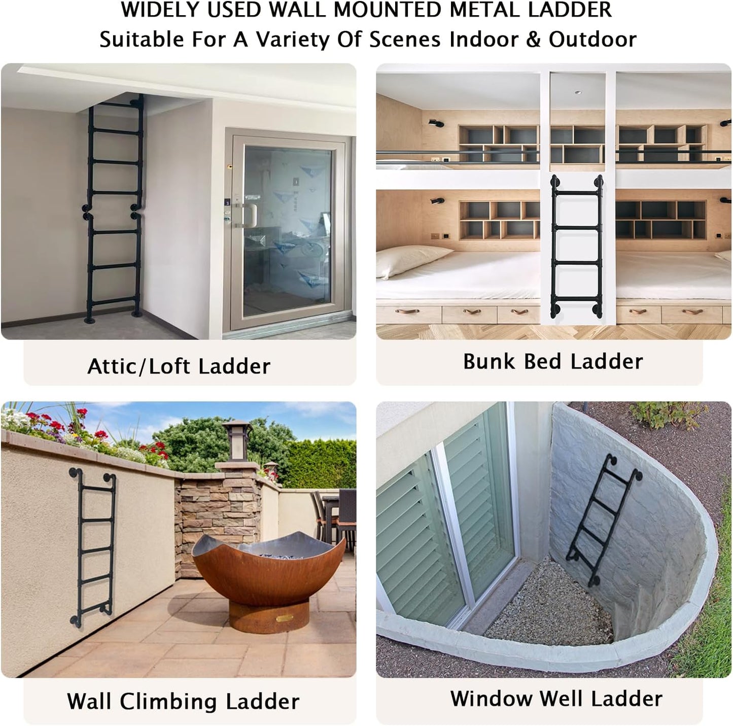 3 Steps Basement Window Well Egress Exit Ladder，Wall/Floor-Mounted Ladders for Home, Metal Step Ladder for RV Attic Bunk Bed, Loft Steps for Dorm Beds,355LBS Load Capacity(Black, 3 Steps)