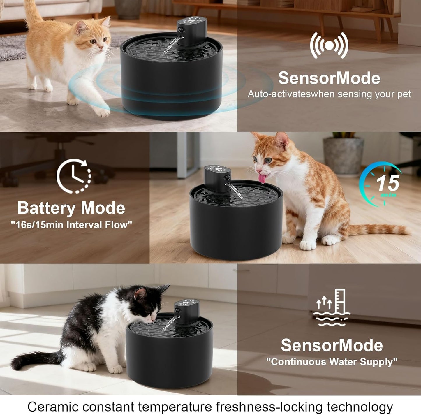 Automatic Ceramic Cat Water Fountain, 2.3L Cordless Pet Water Dispenser with Temperature & Water Level Display, 3 Drinking Modes,Ultra-Quiet Pump, for Cats, Dogs, Multiple Pets (Black)