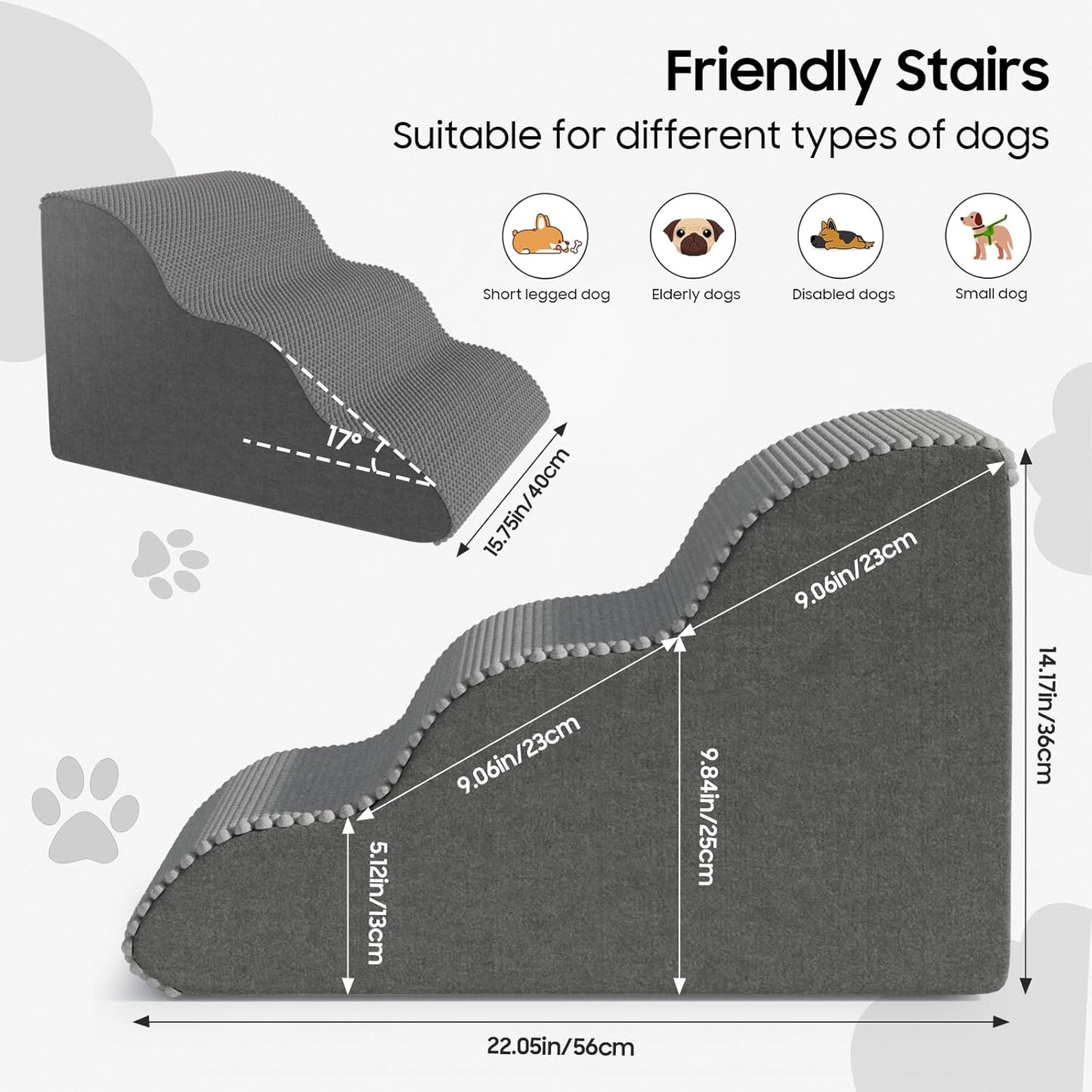 Pet Stairs for Small Dogs and Cats, Comfortable Curved Design with Waterproof Cover, High-Density Foam Steps for Beds or Sofas, Durable and Lightweight, 3-Layer, 21.7x15.7x13.8 Inches Grey