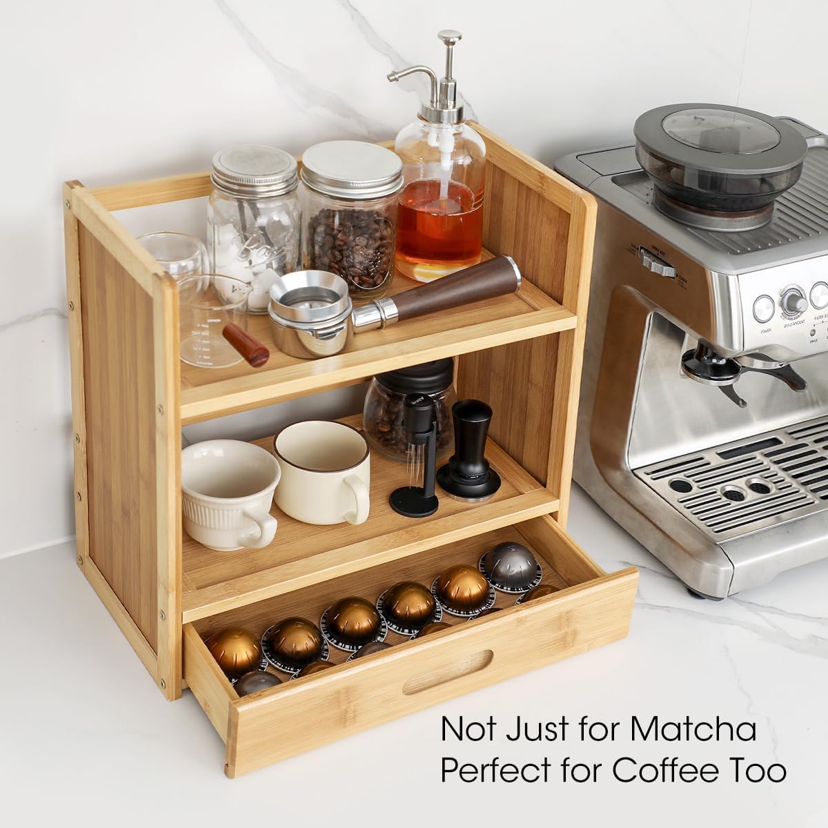 AIEVE Matcha Station Organizer, 2-Tier Bamboo Shelf with Hidden Drawer, Coffee Station Organizer Mug Holder Shelf for Matcha Whisk Set Bowl Cup Scoop Sifter