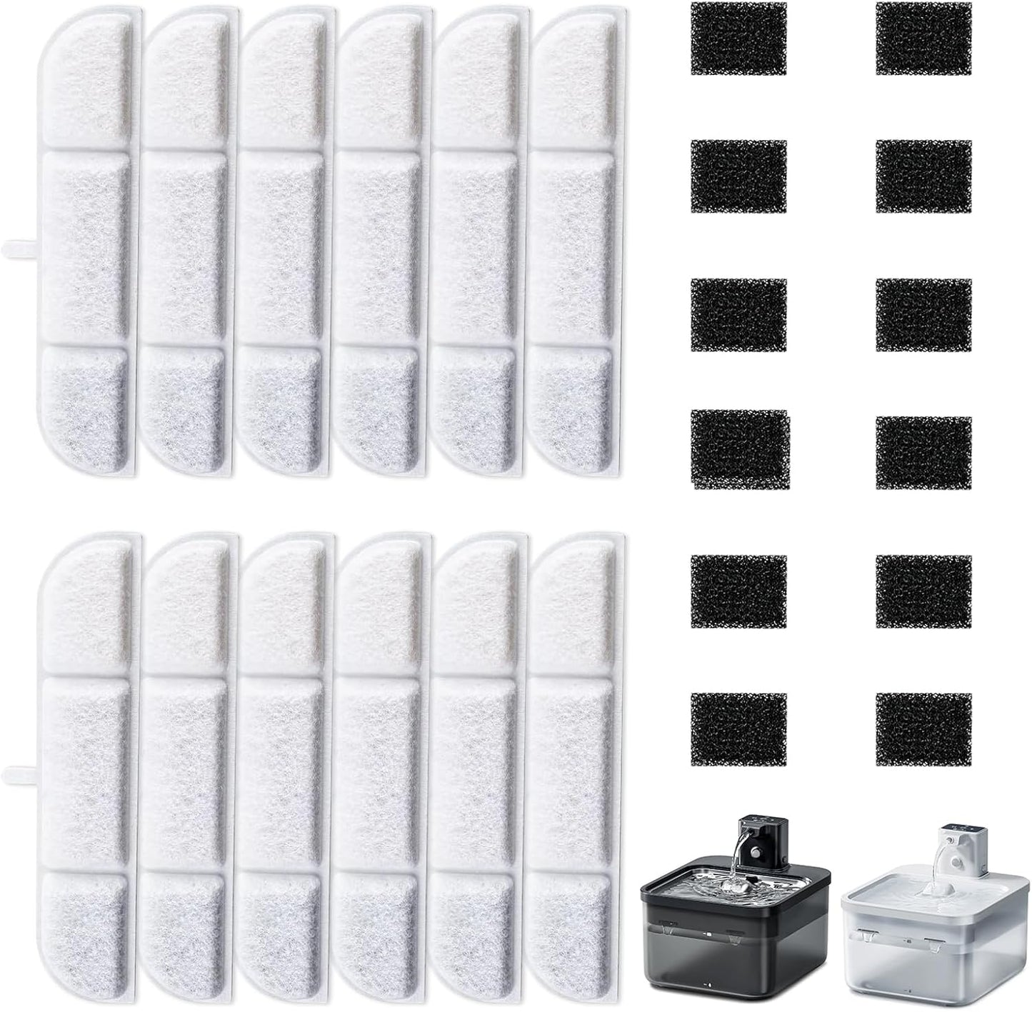 12Packs Replacement Filters Compatible with Downy Paws Cat Water Fountain - Triple Filtration Filters for DownyPaws 84oz/2.5L Wireless Pet Fountain DPWFP6 (12 Filters & 12 Sponges)