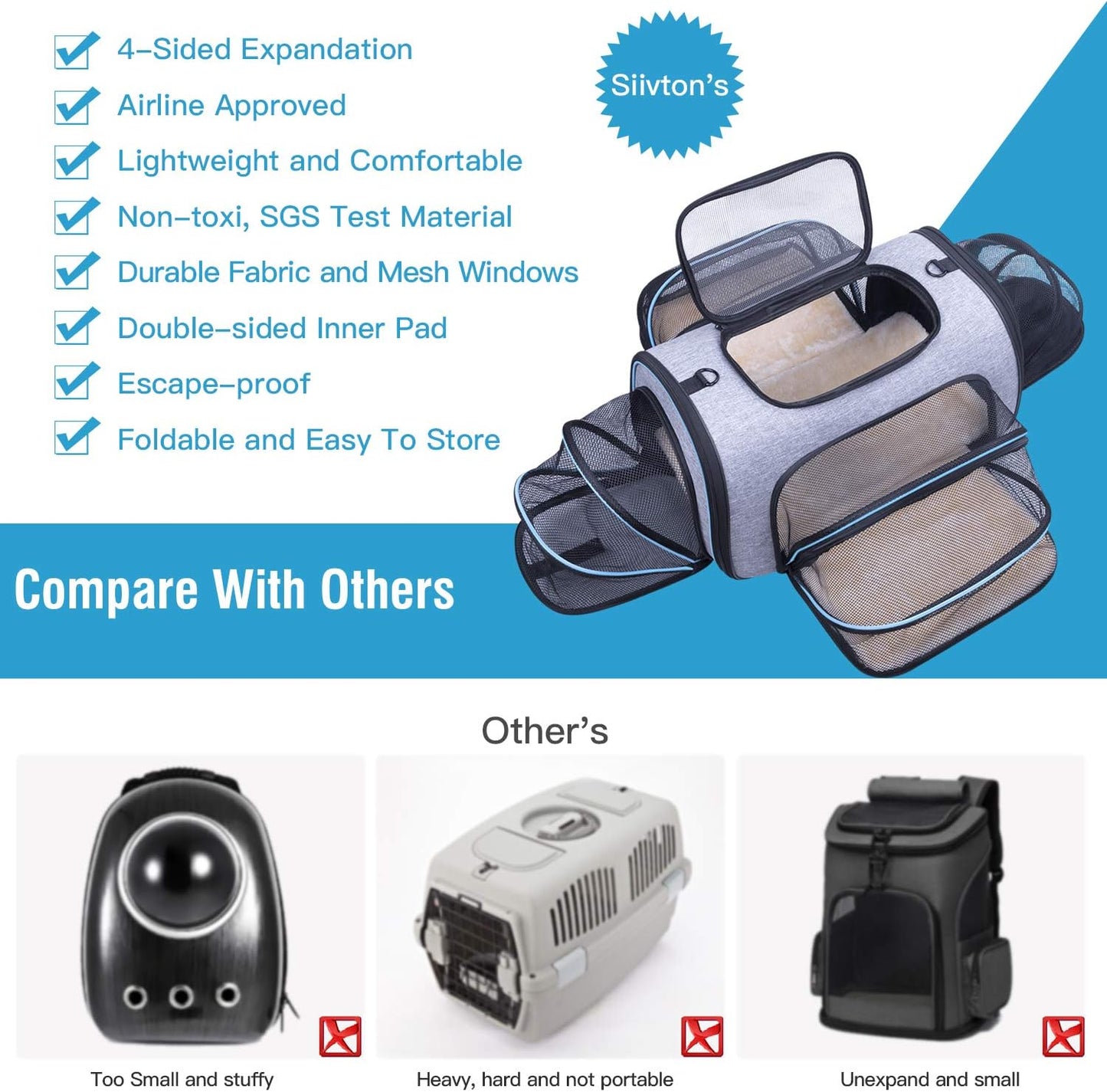 Siivton Airline Approved Pet Carrier, 4-Way Expandable Cat Dog Carrier for Under-Seat Travel, Soft-Sided Portable Pet Bag with Removable Fleece Pad, Fits Small Pets Up to 15 lbs (18"x 11"x 11")