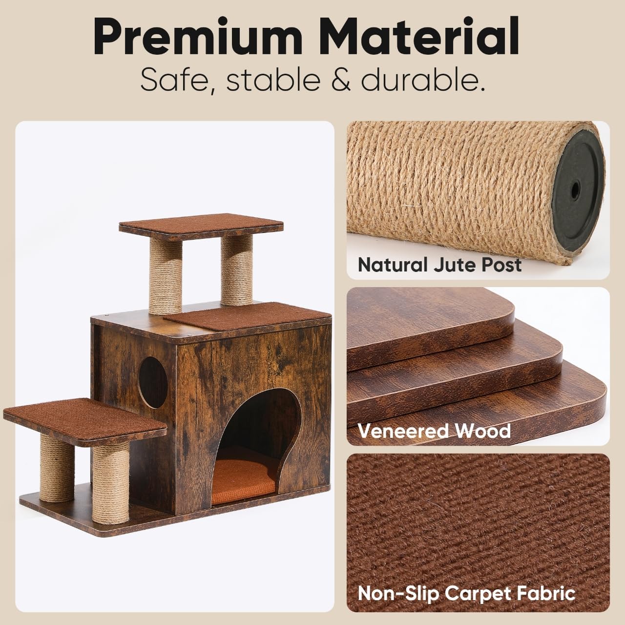 FUKUMARU 3-in-1 Pet Stairs, Retro-style Dog Steps for Cats and Small Dogs, Wooden Cat Stairs for High Bed with Scratching Post, Dog Ramp for Couch with Cat Condo Cave, Easy to Clean & Aesthetic Design