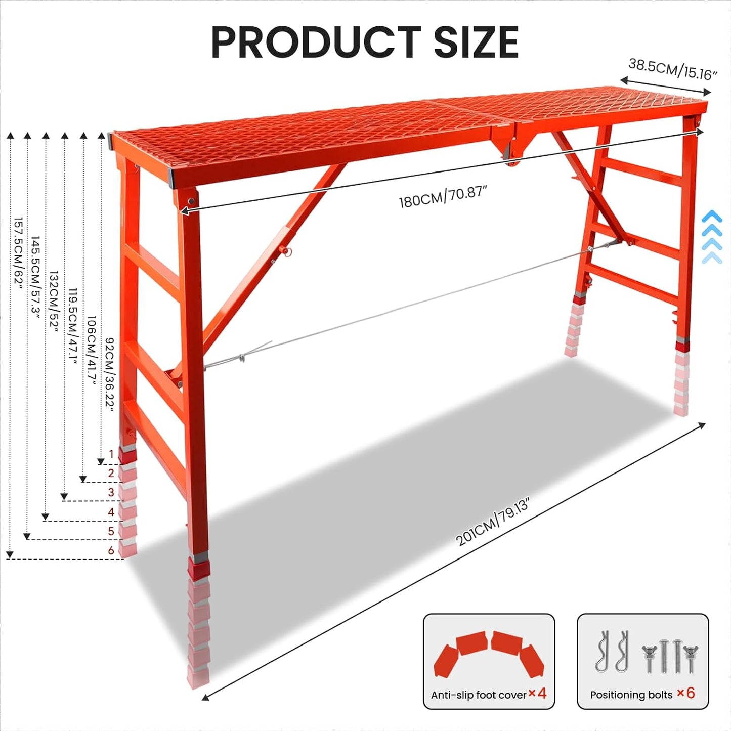 Foldable Scaffolding Platform, 70.8x15.2x36.2-62 Inch Portable Work Platform, 770 Lbs Capacity, Adjustable Height Industrial Step Ladders, Ideal for Painting, Wiring and Home Decor, Red