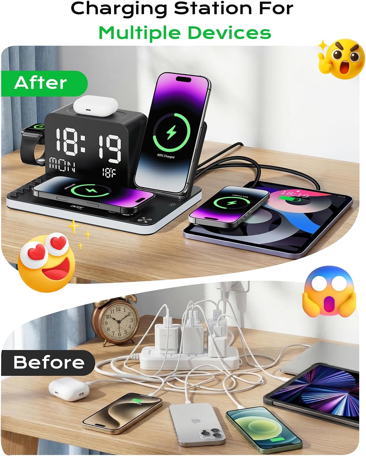 acer 7-in-1 Wireless Charging Station: Charger Stand for Multiple Devices for Apple - iPhone 16 15 14 13 12 Pro Max Apple Watch Airpods, Wireless Charger iPhone Charging Station with Bluetooth TimeSyn
