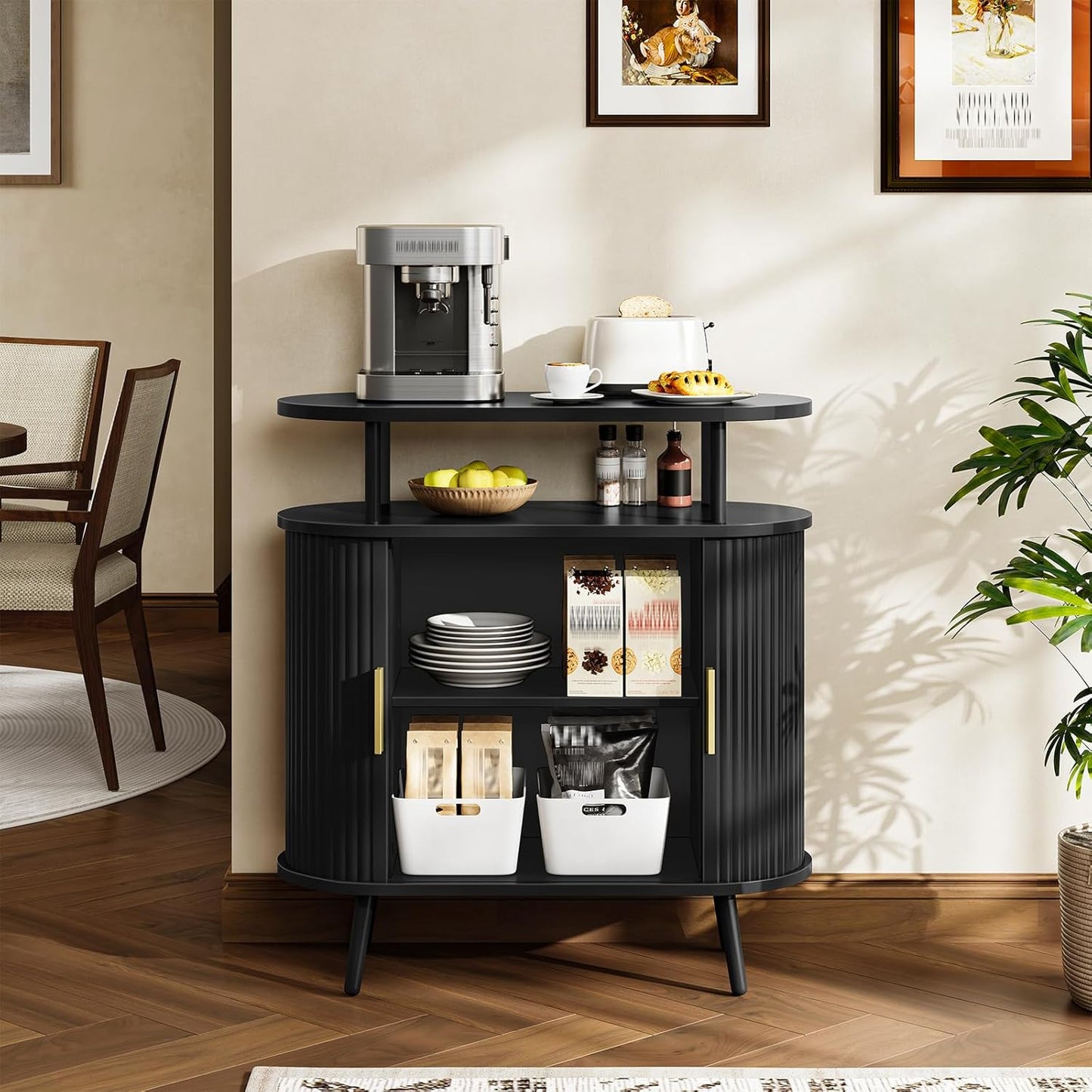 Bathroom Storage Cabinet, Bathroom Cabinet with Sliding Doors, Freestanding Floor Cabinet with Gold Handles, Modern Bathroom Organizer and Storage, for Bathroom, Kitchen, Entryway, Black