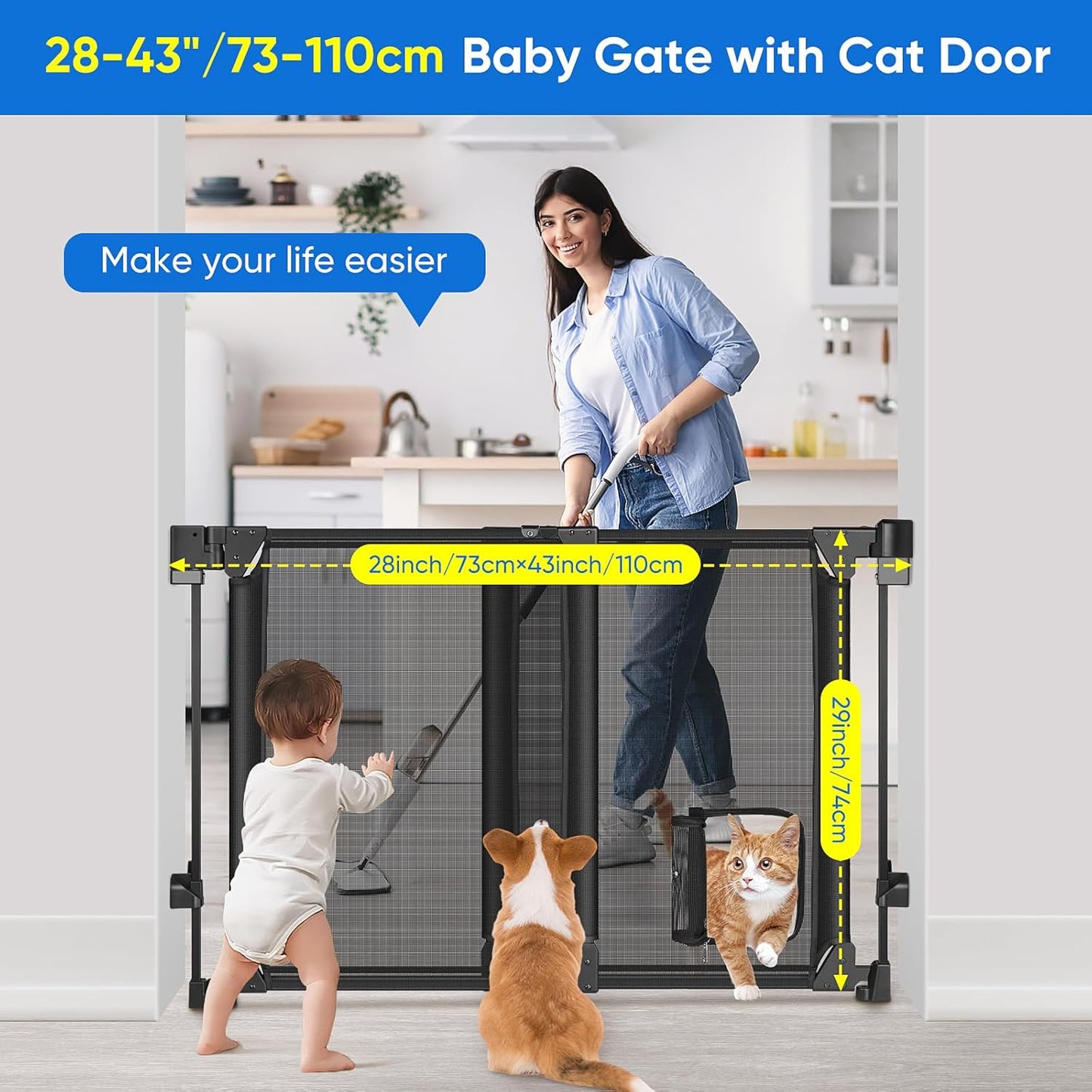 Upgraded 28-43" No Bottom Bar Baby Gate,Heavy-Duty Hardware Mount Dog Gate with Cat Door, Adjustable Baby Gate,for House/Stairs/Doorways Use, Safety Pet Gates, Walk Thru Door