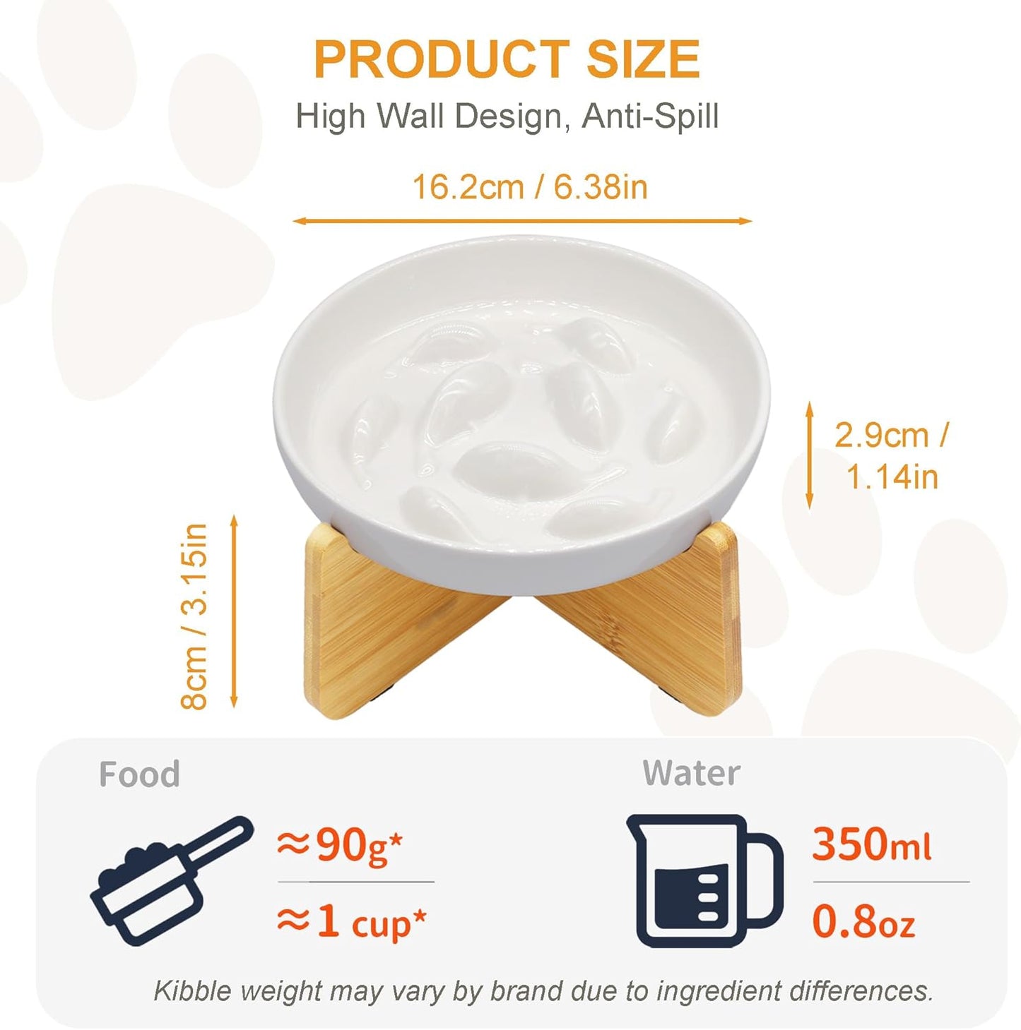 Non-Slip Rubberwood Elevated Cat Feeder Stand - 6.1"x3.5" Detachable Bowl Holder, Ergonomic Anti-Vomiting Raised Pet Dish Stand (White(Ceramic)-Bamboo Stand)