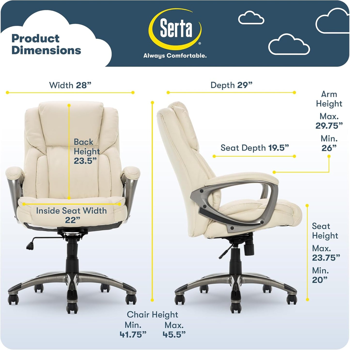 Serta Garret Executive Office Chair, Ergonomic Mid-Back with Lumbar Support, Semi-Plush Cushion and Body Pillows, Padded Armrests, Swivel Base, Bonded Leather, Ivory White