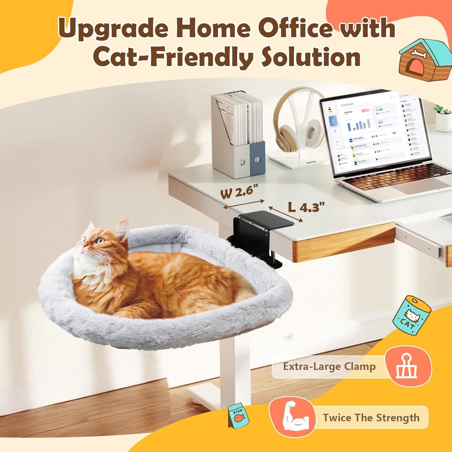 Stable Cat Desk Bed with Heavy-Duty Clamp | Sunken Hammock Design & Faux Rabbit Fur for Comfort, Removable & Washable Bed, Holds Up to 40lbs, Space Saving Cat Perch for Home Office