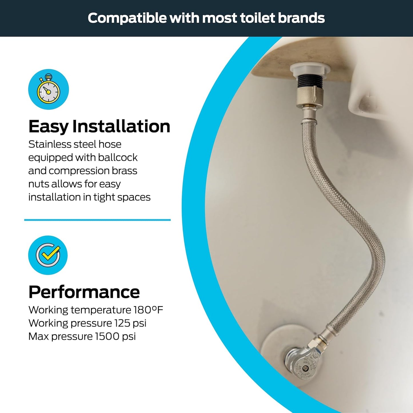 Eastman 16 Inch Steel-Flex Toilet Connector, Braided Stainless Steel Supply Line with 7/8 in Ballcock x 3/8 in Compression Ends, 48089