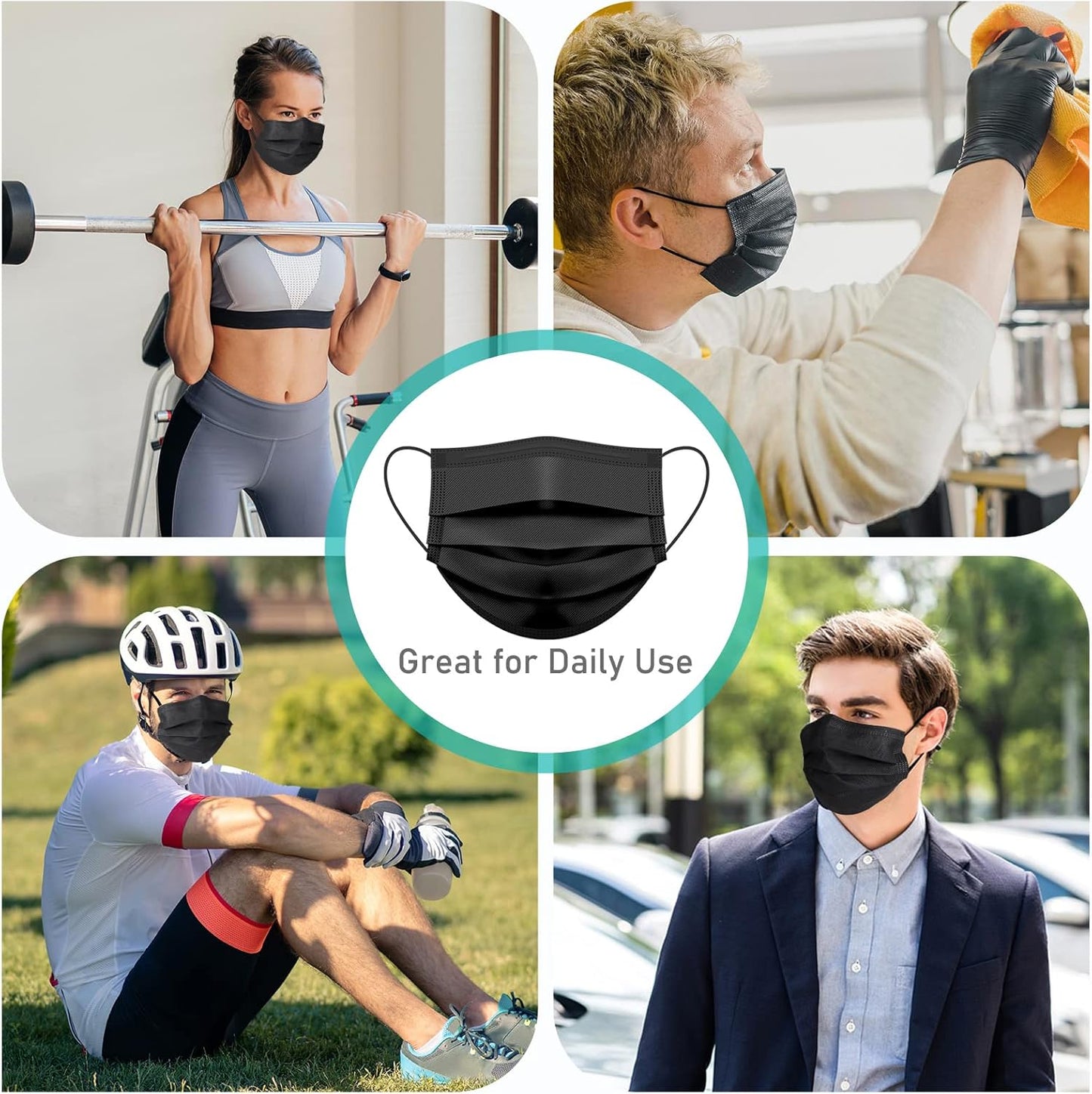 Disposable Face Masks 4 Layers, 2023 Upgraded 50PCS Black Mask with White Inside, Breathable Face Mask with Comfortable Wider Flat Elastic Ear Bands