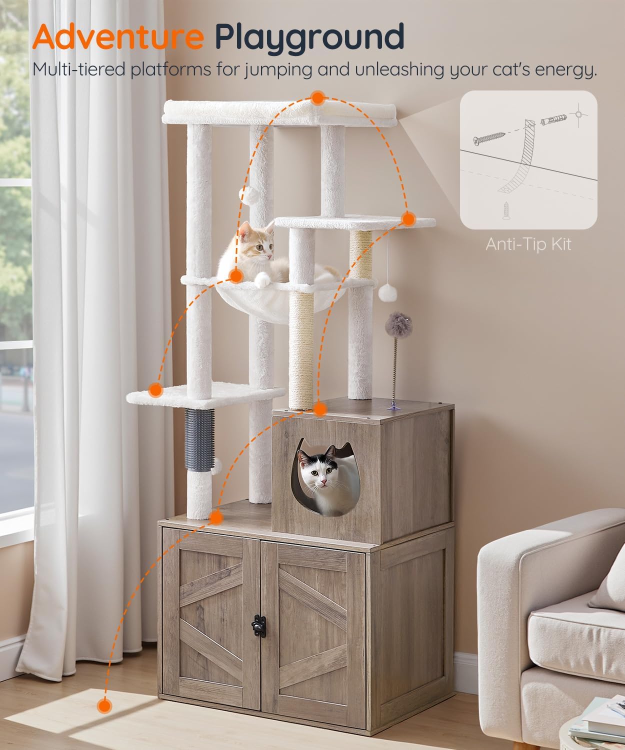 HOOBRO Cat Tree with Litter Box Enclosure, Tall Cat Tower for Indoor Cats, All-in-One Modern Cat Condo, Hidden Litter Box Enclosure Furniture, with Cat House, Sisal Posts, Greige and White BG51MZ03