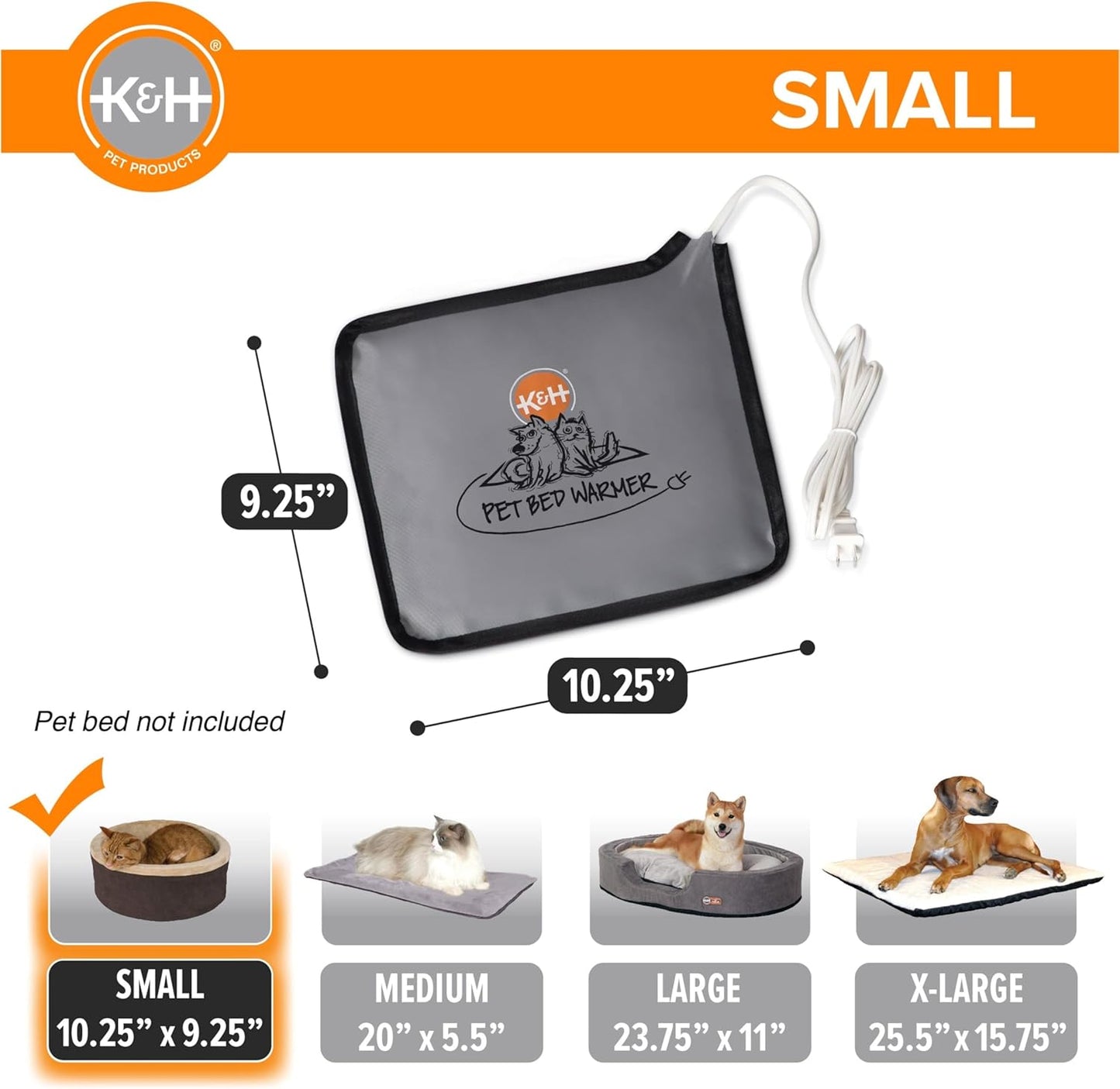 K&H Pet Products Pet Bed Warmer, Turn Any Pet Bed Into a Heated Cat or Dog Bed, Waterproof Indoor Heated Warming Pad Insert, Automatic Temperature, Safety Listed - Small 10.25 X 9.25in Gray