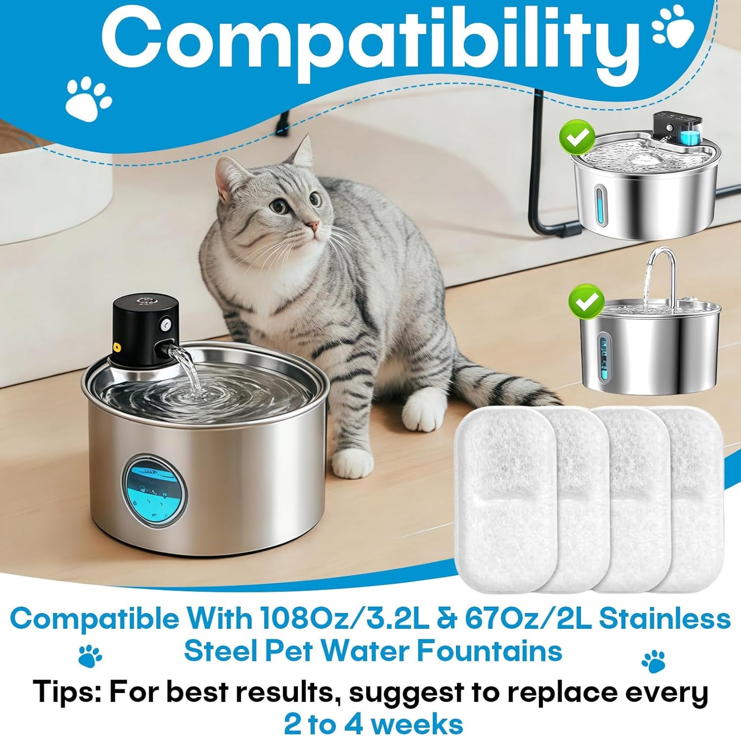 12 Pack Cat Water Filters Replacement for 108Oz/3.2L & 67Oz/2L Stainless Steel Pet Water Dispenser, Cat/Dog Indoor Water Dispenser Fountain for Most Pet Water Fountains 12 Filters & 12 Sponges