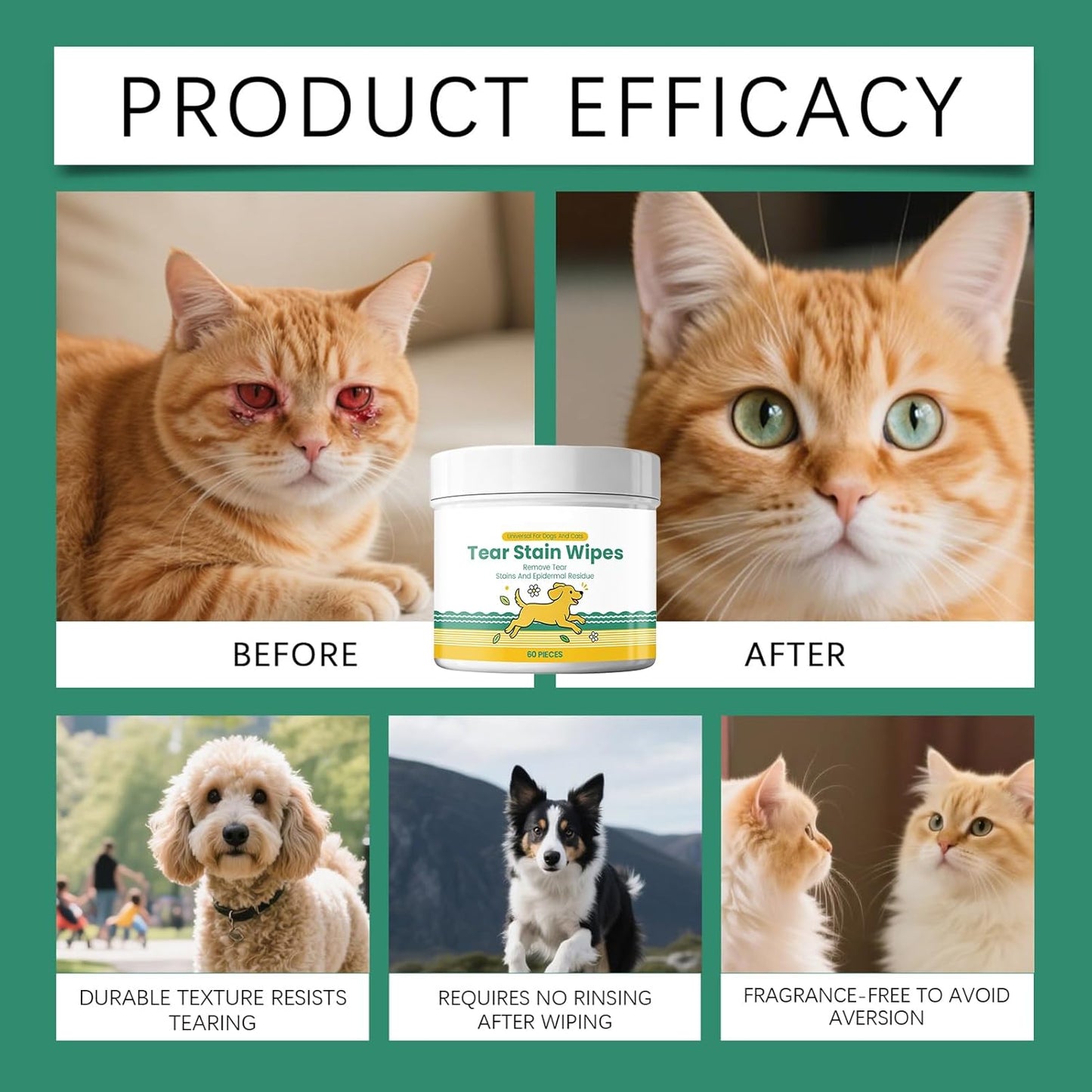 Cat Tear Stain Wipes, 60 Pieces Debris Washing Pads, Pet Eye Cleaner, Soothing Pet Care Pads, Small Medium Large Breed Puppy Kitten, Skin Coat Travel, Home Outdoor Indoor, Tear Wipes for Dog Eyes
