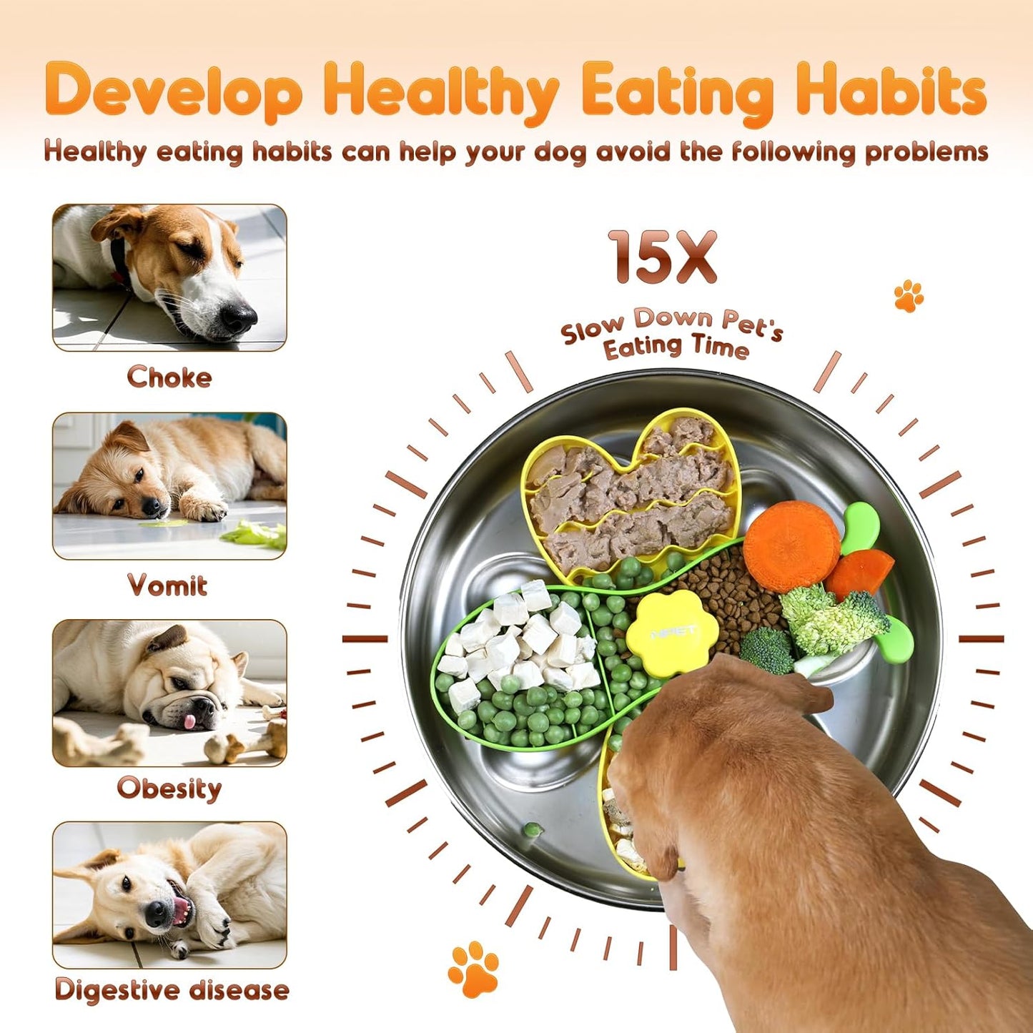 NPET Slow Feeder Dog Bowls for Large Dogs, Stainless Steel Pet Bowls Suitable for Dry, Wet, and Raw Food, Detachable Puzzle Toy for Food Training