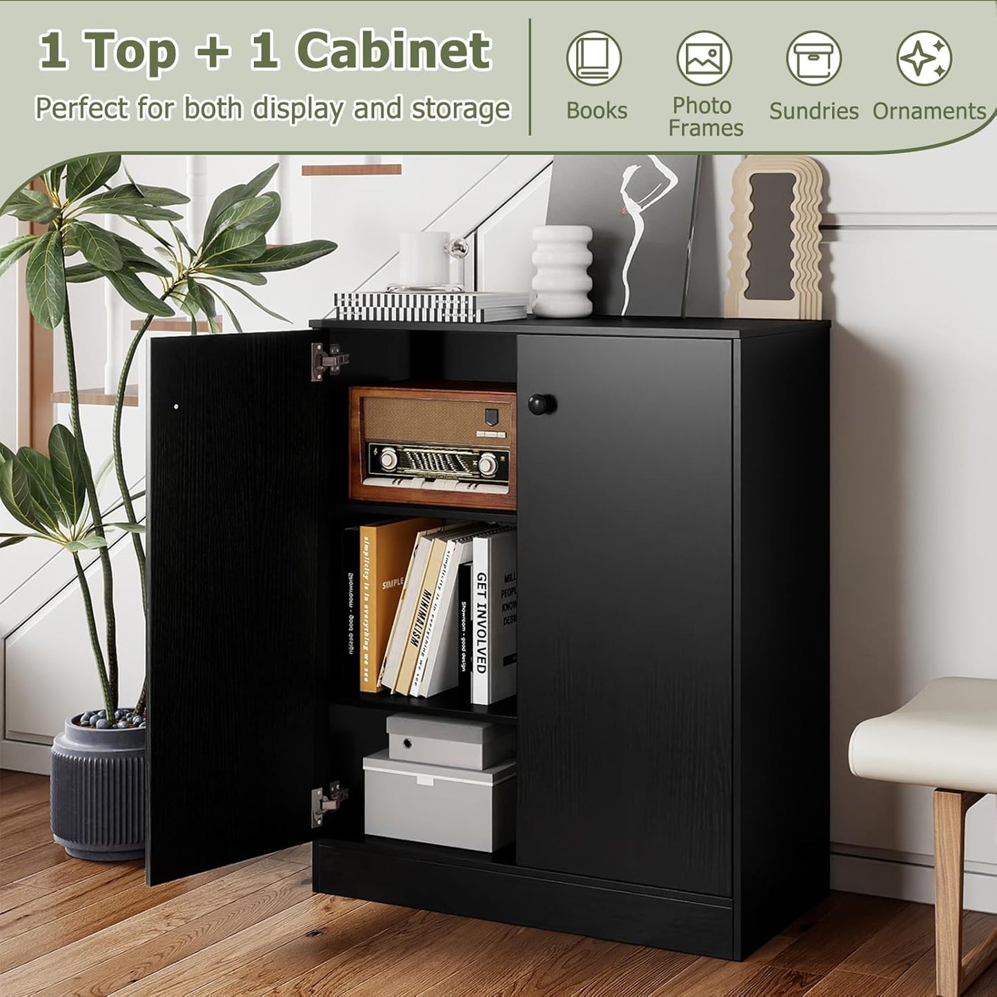 Giantex 2 Door Storage Base Cabinet - Freestanding Floor Cabinet with 3-Tier Shelf, Non-Slip Foot Pads, Kitchen Cupboard Storage Organizer for Living Room, Hallway, Entryway, Office (Black)