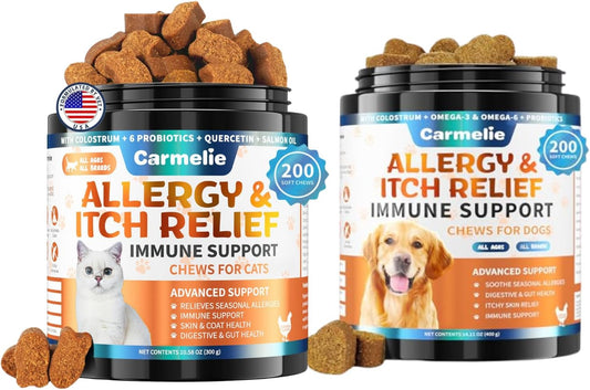 Dog & Cat Allergy Chews 200 Chews - Dog or Cat Itching Skin Relief Support - Omega 3 Probiotics- Itchy & Paw Licking Relief, Seasonal Allergies, Skin & Coat Immunity Supplement - Chicken Flavor