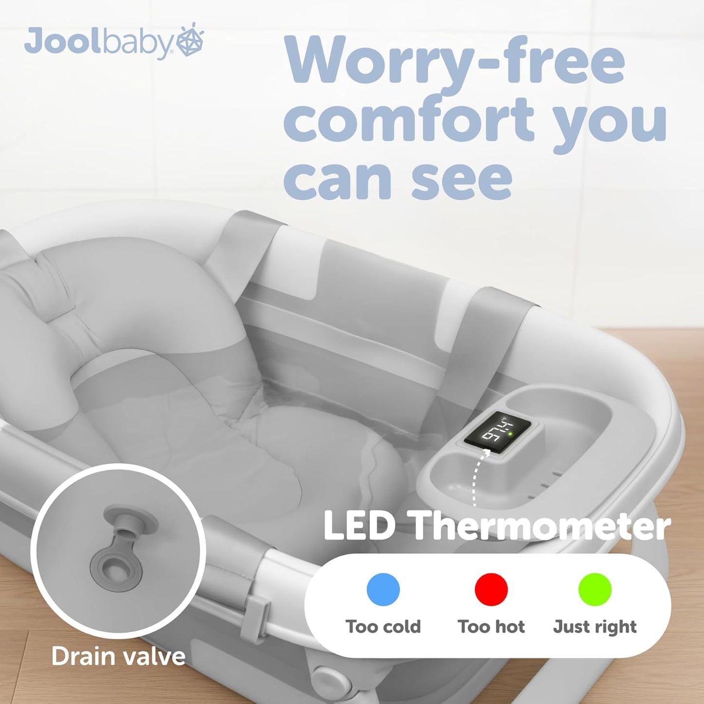 Jool Baby Fold ‘n Store Baby Bathtub – 3 Stage Collapsible Bather for Easy Storage, Portable for Travel – Built-in Thermometer (Gray)