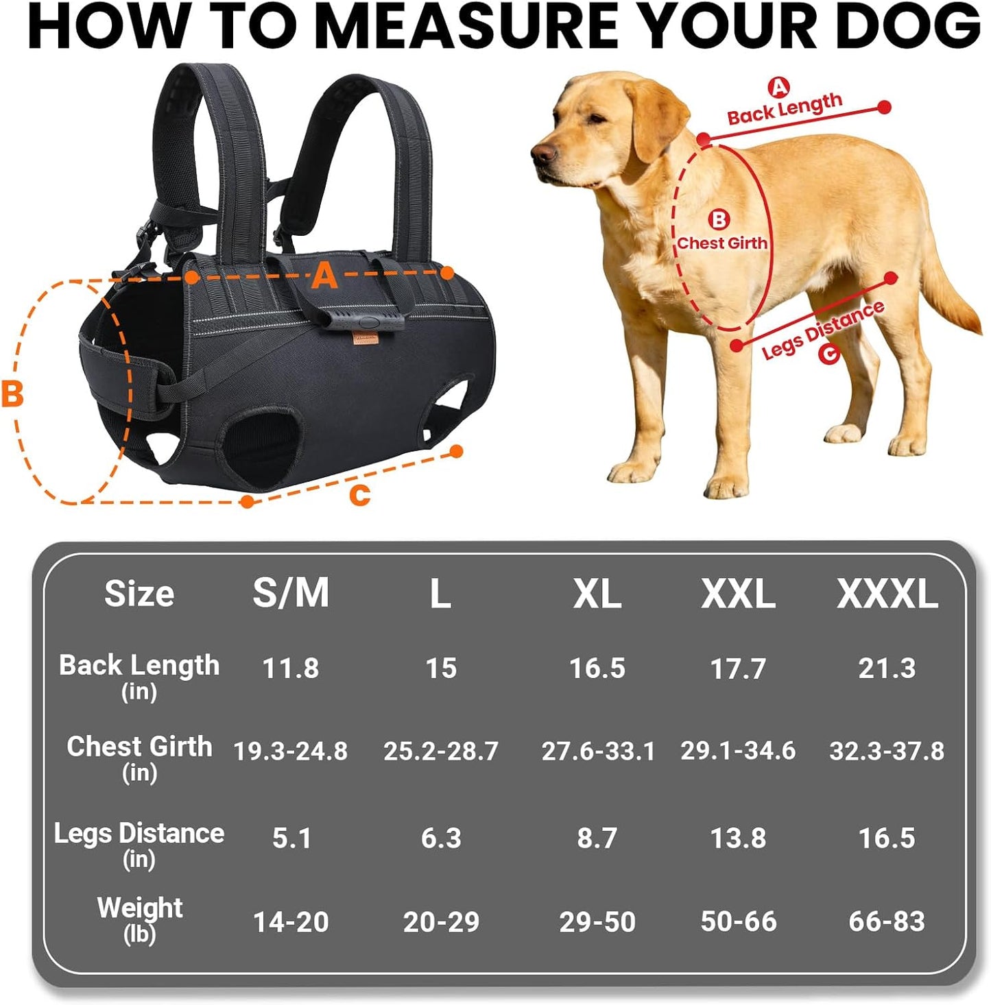 Dog Lift Harness Backpack Carrier for Large Dogs, Full Body Sling with Handle, Dog Harness for Joint Injuries, Arthritis, Ideal for Stairs, Elderly Dogs (Black XX-Large 50-66 LBS)