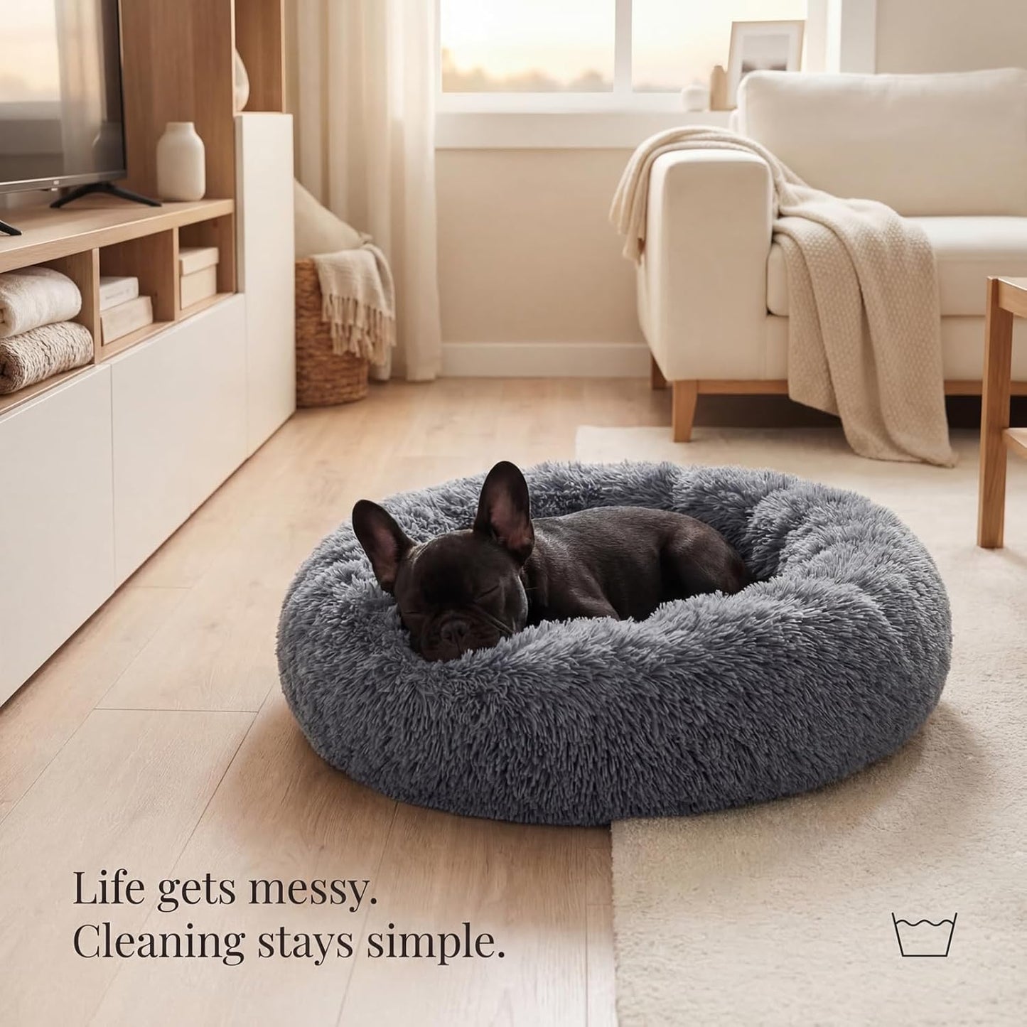 Small Calming Dogs Bed for Small Dogs Anti-Anxiety Machine Washable Fluffy Luxury Anti-Slip Waterproof Mute Base Warming Cozy Soft Pet Puppy Round Bed