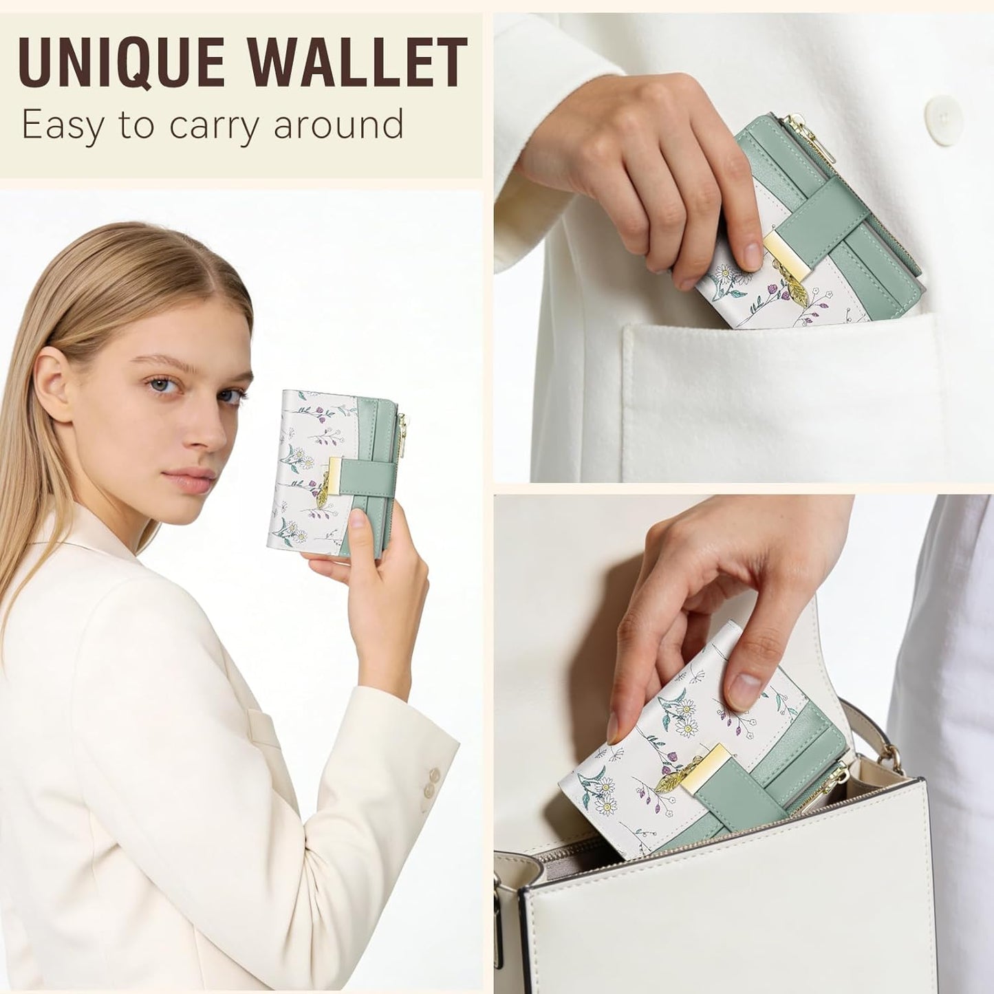 Avando Wallets for Women- RFID Blocking- Soft PU Leather Bifold Coin Zipper Pocket Purse-Small flower wallet Credit Card Holder with ID Window (Green)