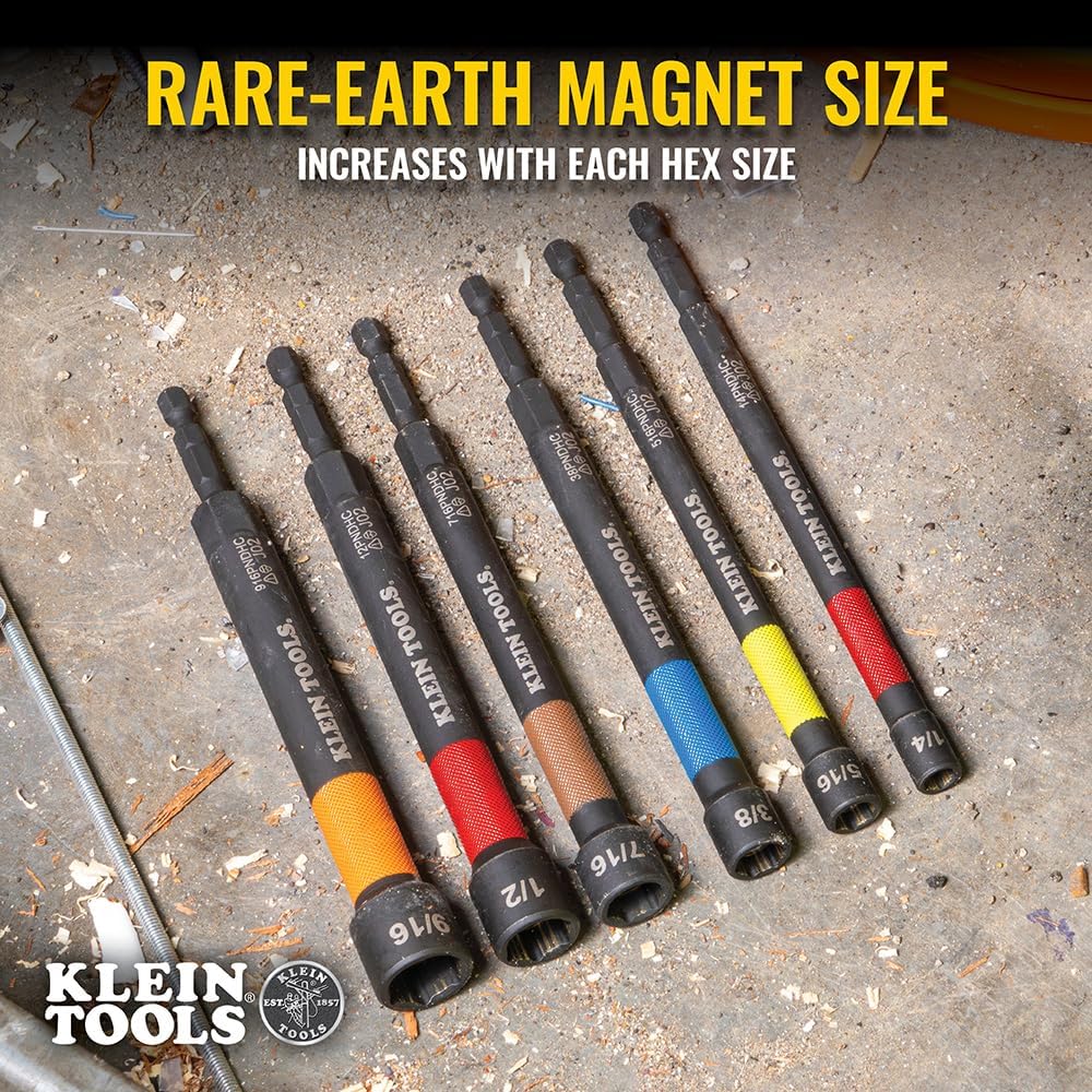 Klein Tools 32930 SAE Magnetic Impact Nut Setter Set, 6-Piece Color Coded Power Nut Driver with Extended Reach, 6 SAE Sizes