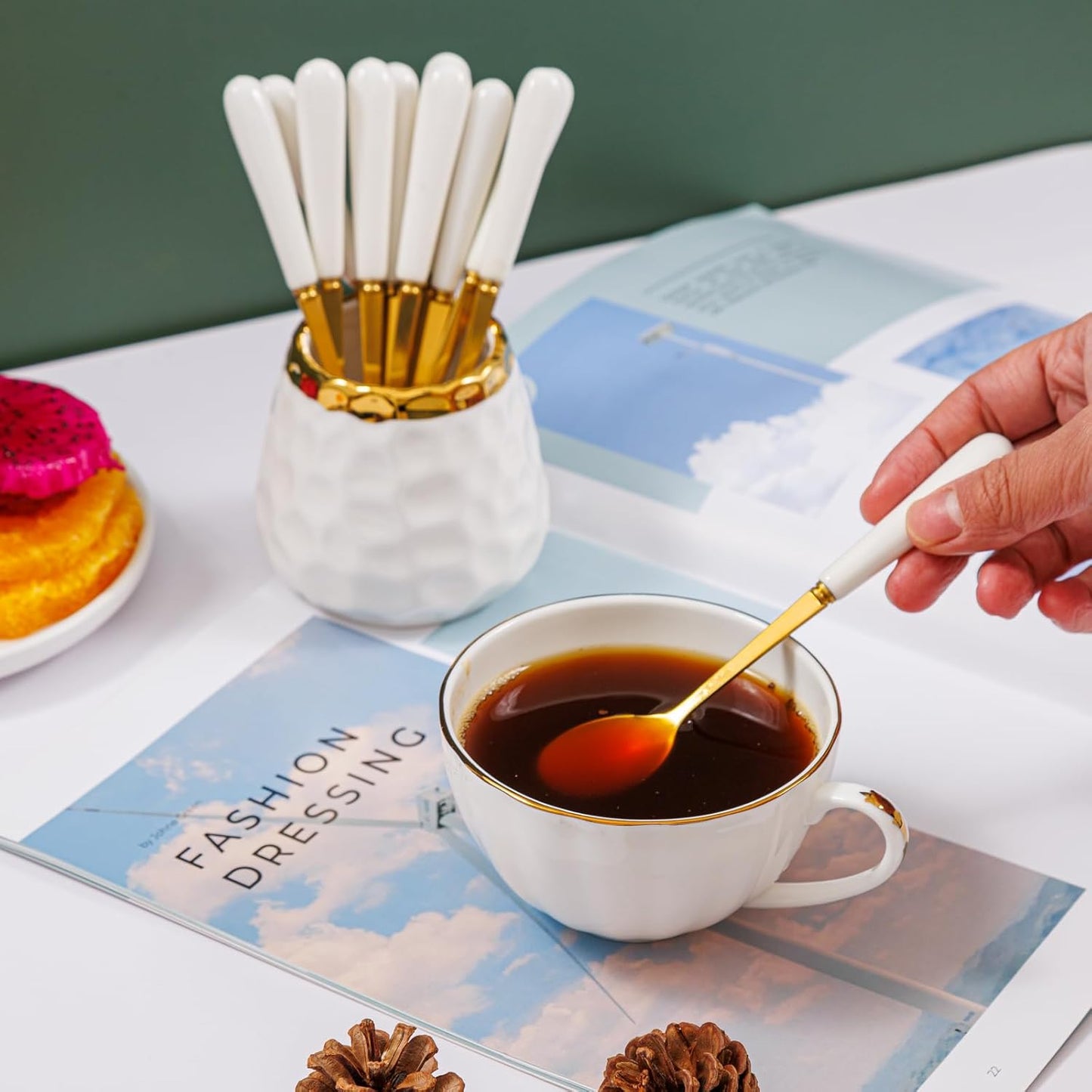 Coffee Spoon Set,Ceramic Jar with 8 Small Spoons for Coffee,Tea,Ice Cream,Cake,Flatware Set (White gold jar+8 spoons)