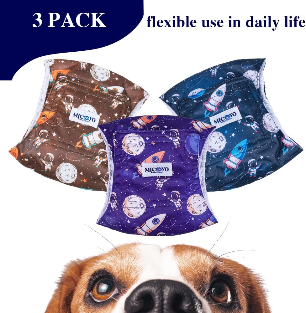 MICOOYO Belly Bands for Male Dogs, 3 Pack Reusable Dog Diapers Male for Puppy Doggie, Washable Male Dog Wraps XSmall (XS, Space)