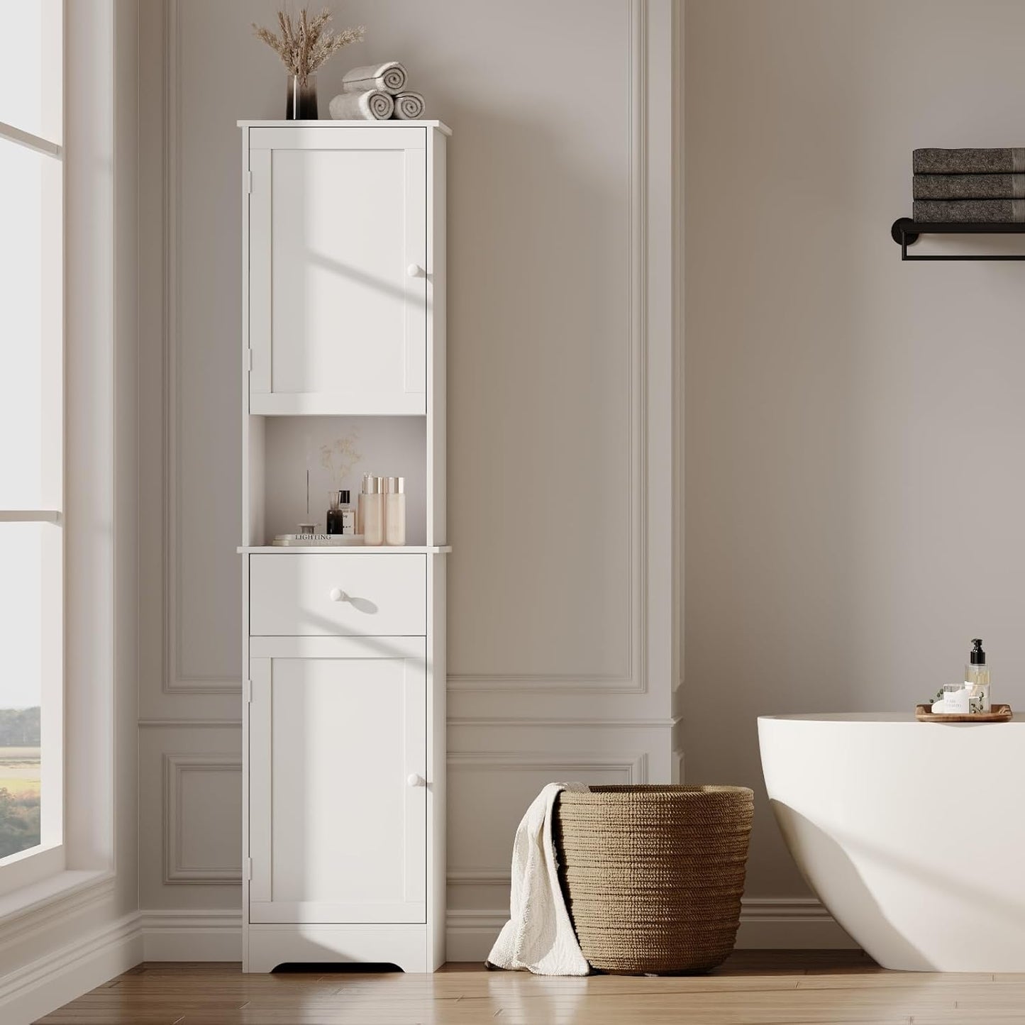 Tall Bathroom Cabinet, Storage Cabinet with 2 Doors & 2Drawer, with Ajustable Shelve, for Bathrooms, Kitchens,Entrances,Bedrooms（White）