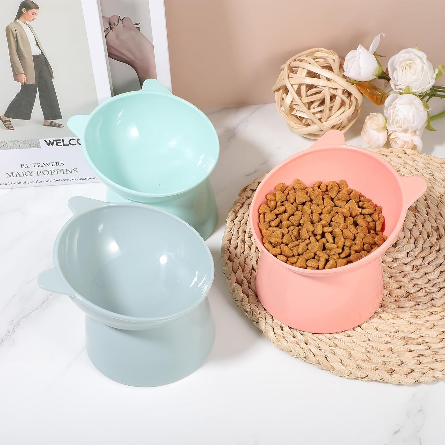 6 Pcs Plastic Raised Cats Bowls 15 Degrees Elevated Cat Bowls, Anti Vomiting Tilted Raised Cat Food Bowl Whisker Friendly Pet Bowl Stand, Pet Feeders for Cats and Small Dogs