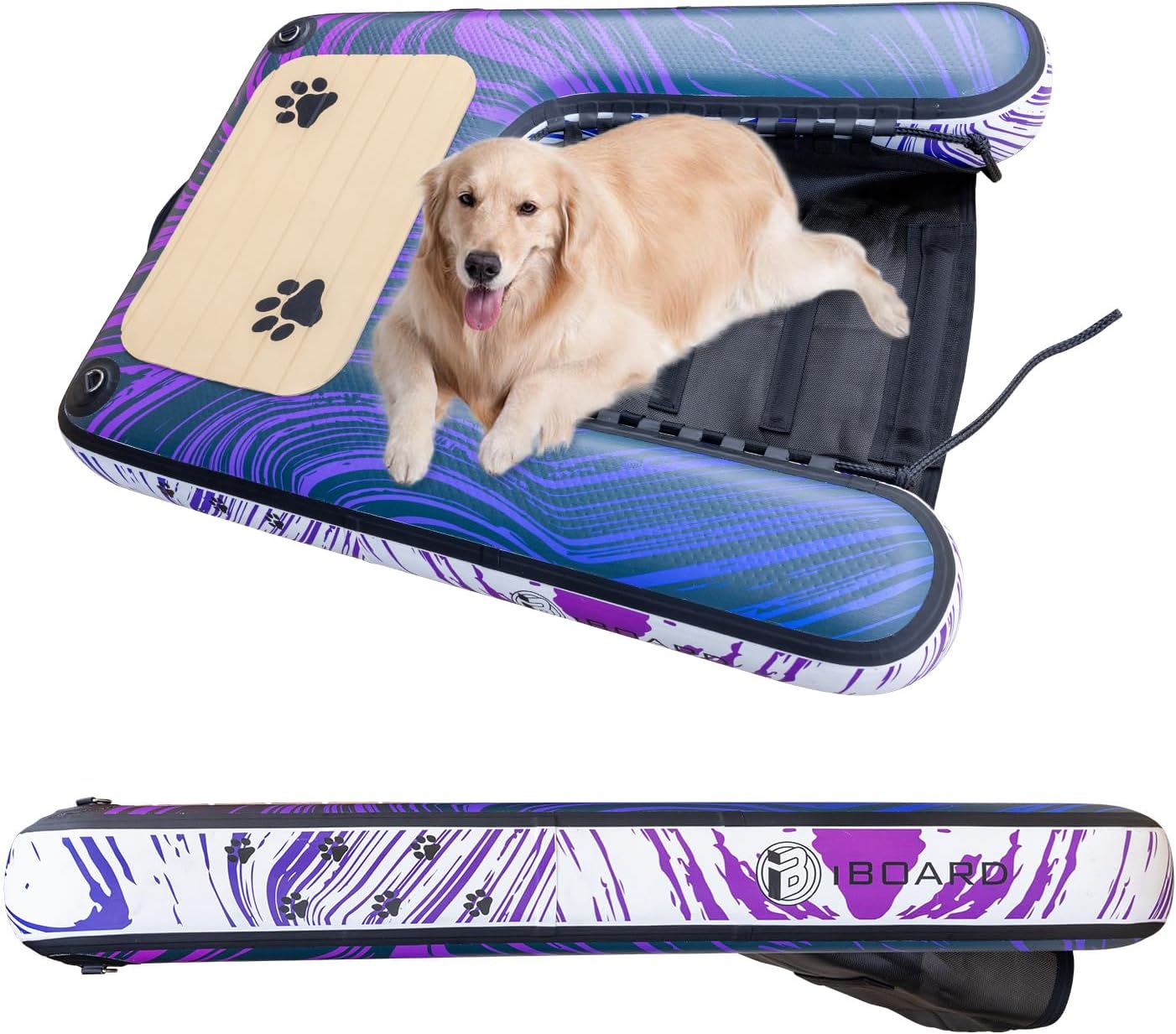 Dog Ramp & Pool Float - Portable Pet Ramp for Boats, Docks, and Pools - Non-Slip Ramp for Small, Medium, and Large Dogs - Lightweight & Foldable - Purple and Blue Wave Pattern - PVC Material