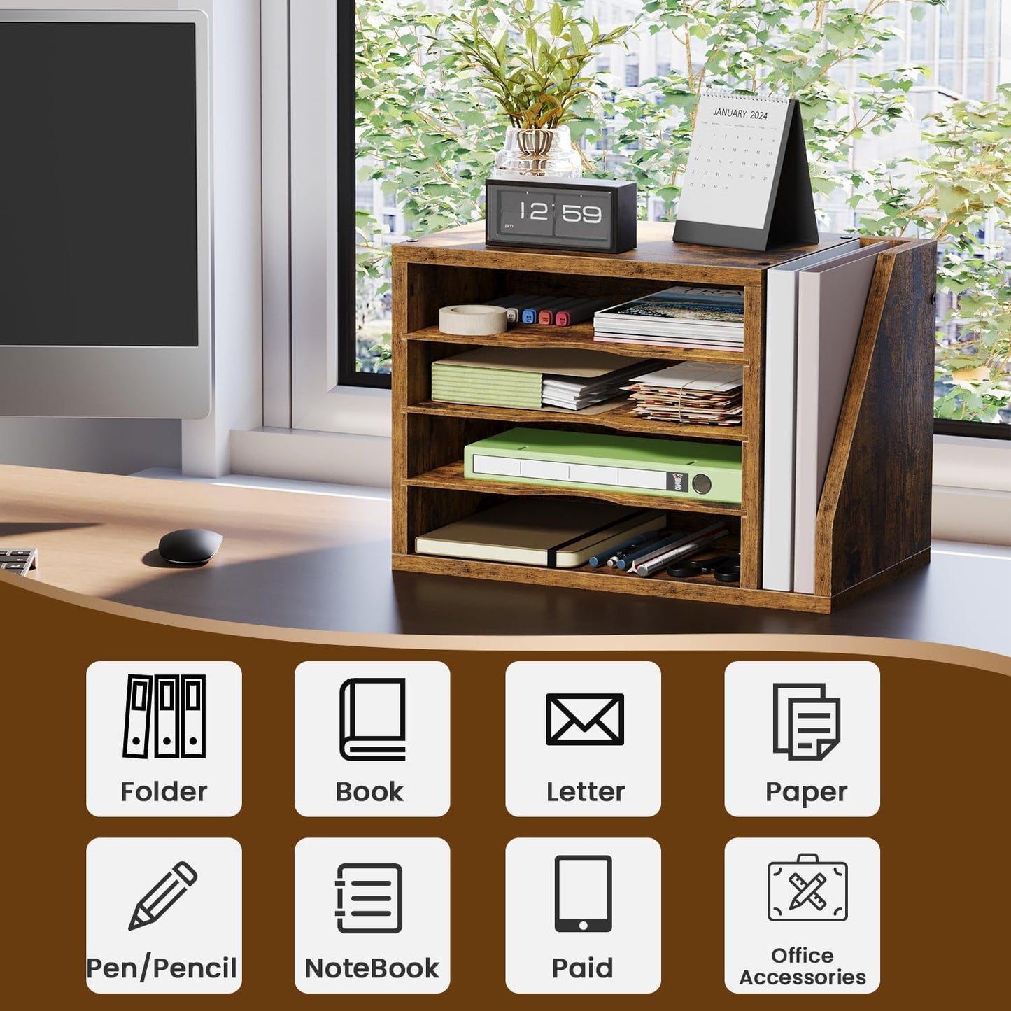 Mail Sorter, File Organizer Desktop, Wood Desk Organizer with 3 Adjustable Shelves, Mail Holder for Office, Home, Letter Sorter File Holders for Envelopes, Supplies Magazines, Rustic Brown