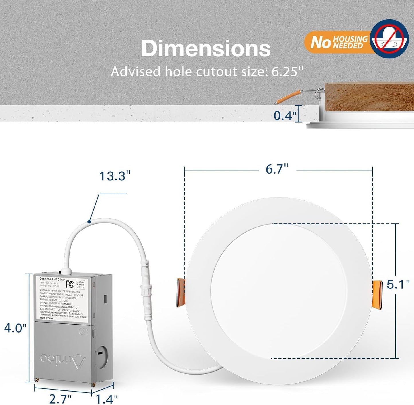 Amico 6 Pack 6 Inch 5CCT Ultra-Thin LED Recessed Ceiling Light with Junction Box, 2700K/3000K/3500K/4000K/5000K Selectable, 12W Eqv 110W 1050LM Brightness Dimmable Canless Wafer Downlight, ETL & FCC