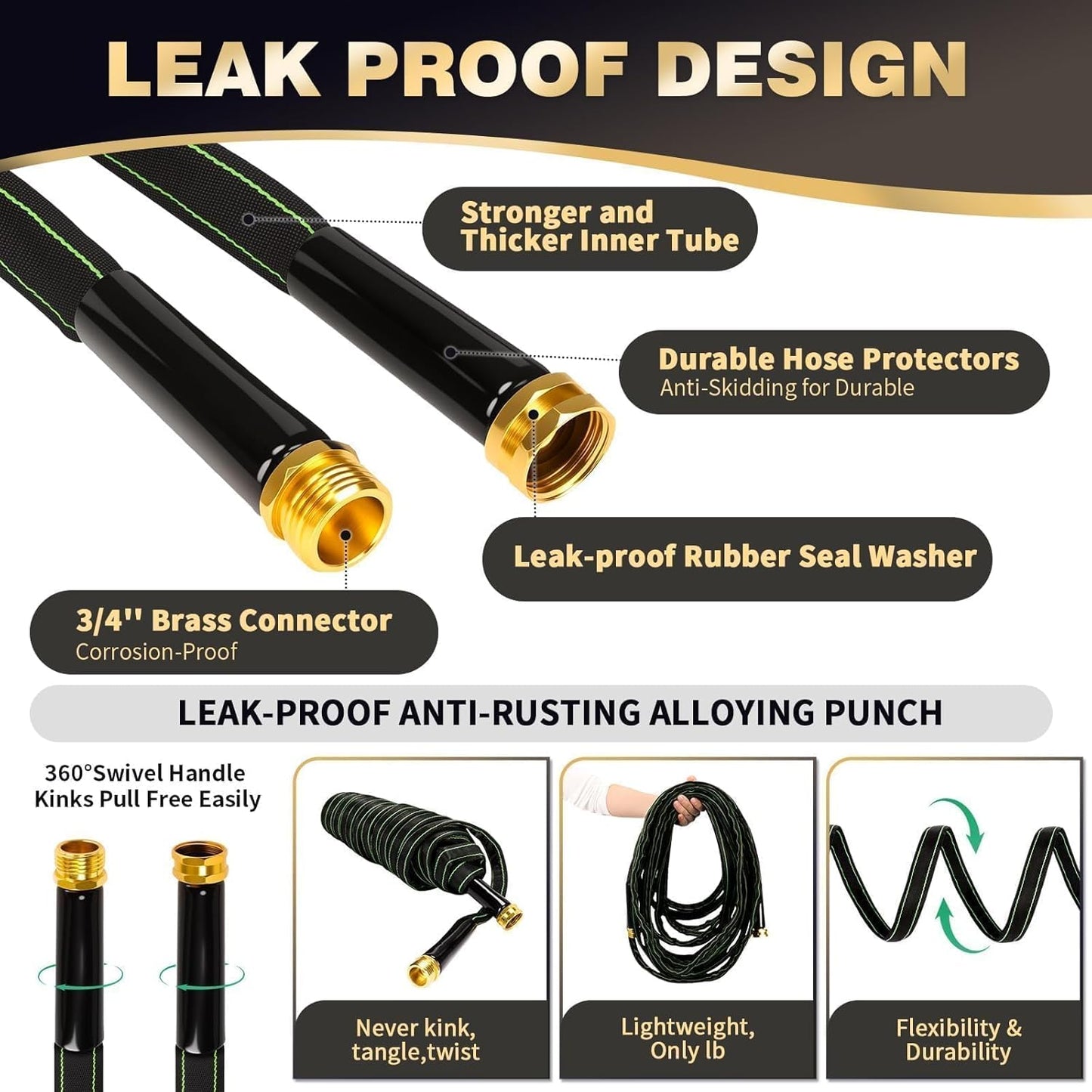 Garden Hose 100 ft Water Hose Flexible Heavy Duty Outdoor Lightweight No Kink Long Non-Expandable High Pressure Flat Hoses Pipe 100’ Strong 3/4’’ Brass Fitting for Outside Yard Lawn Car Wash