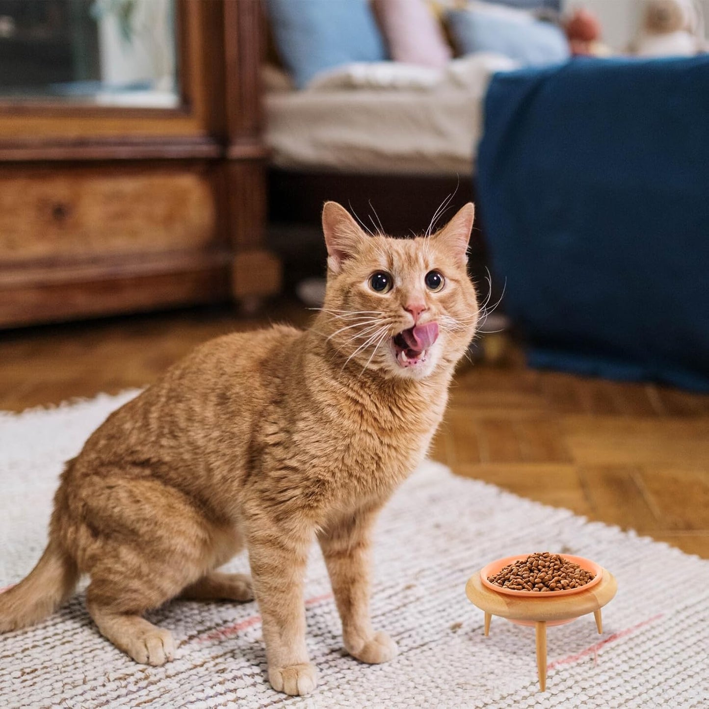 Milisten Ceramic Cat Food Bowl with Oak Stand 600ml Raised Pet Feeding Bowl Neck Protection Elevated Cat and Dog Feeder for Home Use
