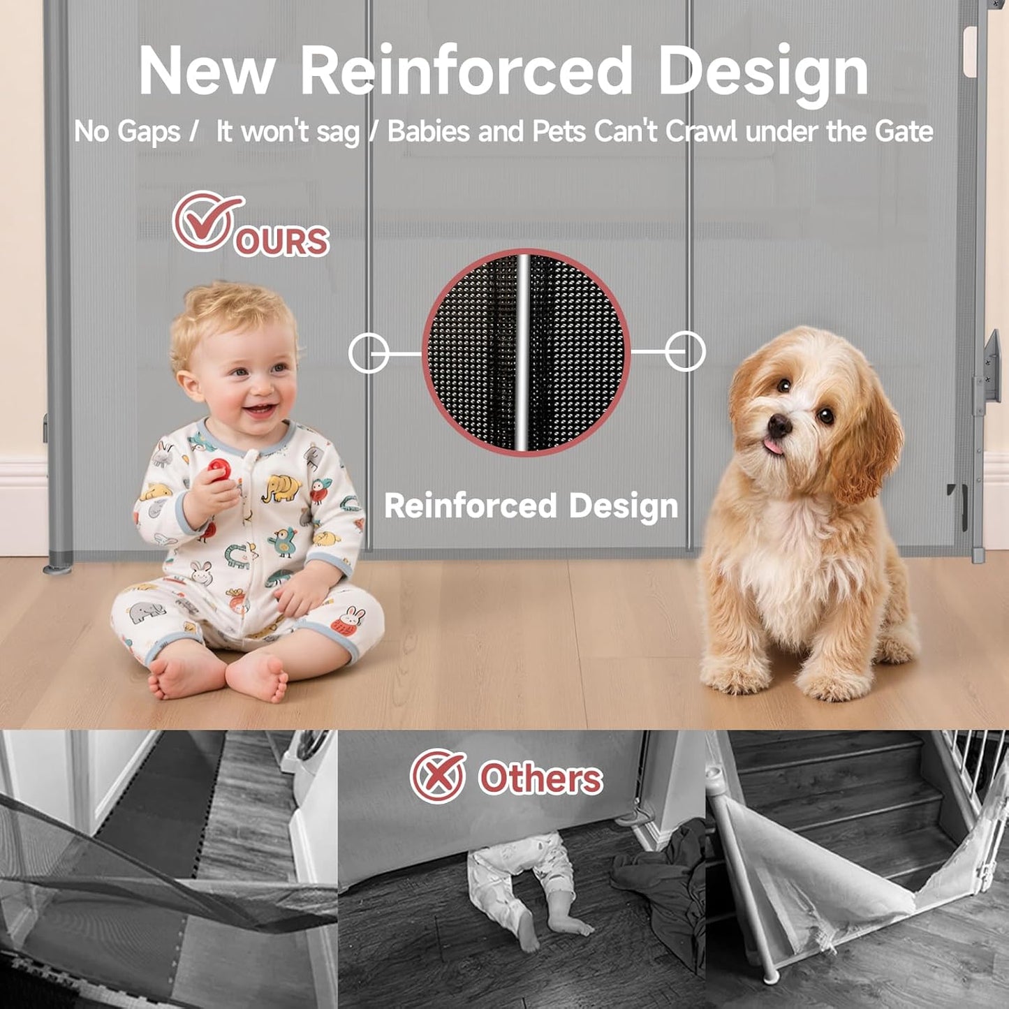 Reinforced Retractable Baby Gate, Extra 38" Tall, Extends up to 63" Wide, Hardwared Installation Mesh Gate for Stairs, Dog Gate, Child Pet Gate for Stairs, Doorways, Hallways, Indoo (Gray)