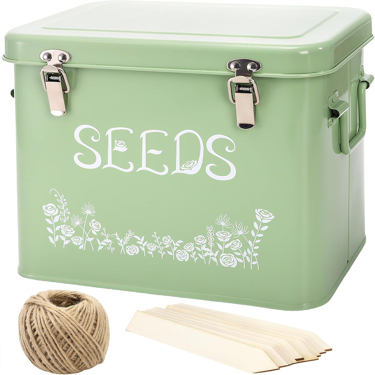 Seed Storage Organizer, Metal Seed Saving Box with Garden String and 10 Wood Plant Labels, 3 Compartment Seed Container Bin with Lid and Safety Locks, Perfect for Flower Plants Garden Lover