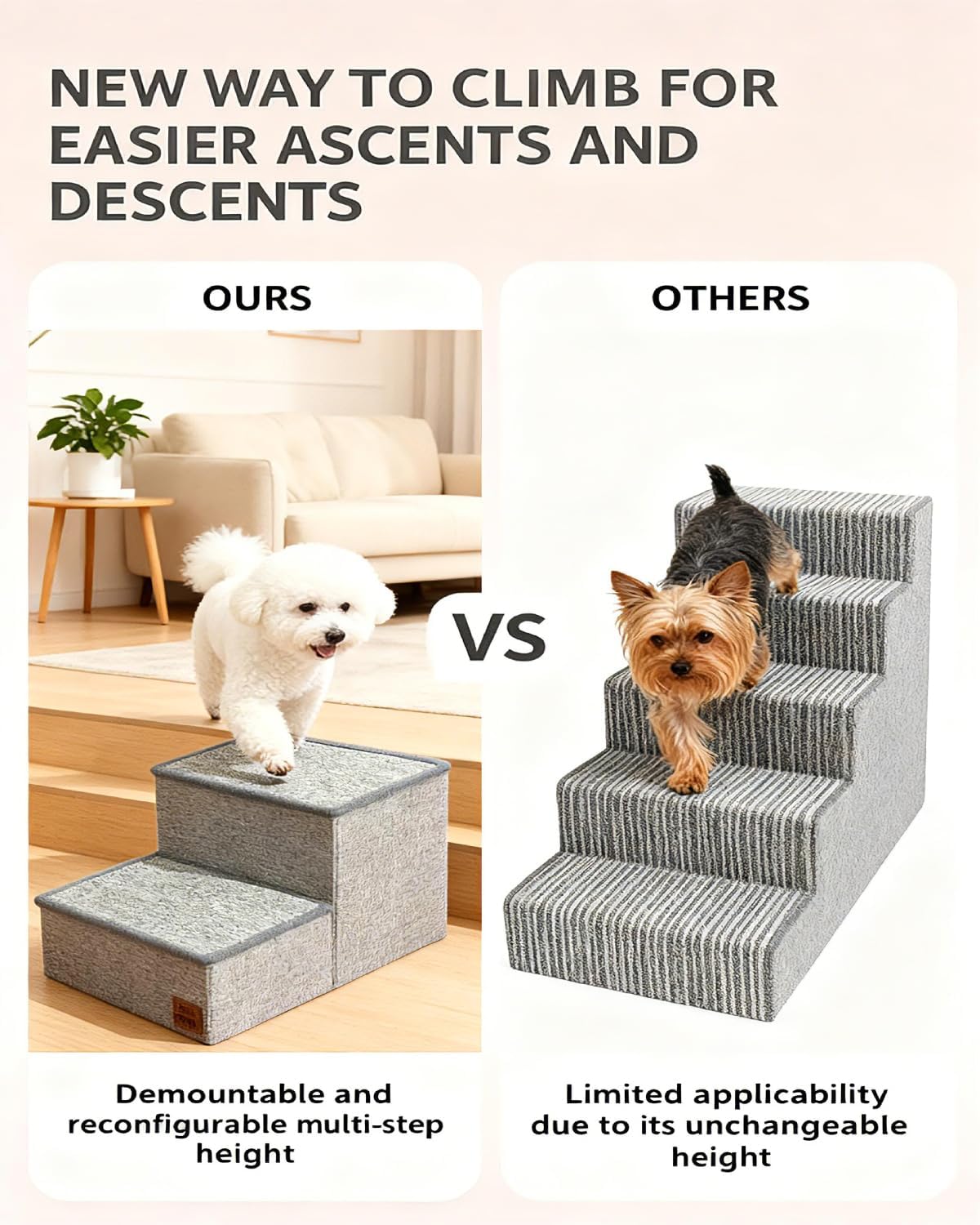 Dog Stairs with Storage, Detachable and Foldable Pet 2-Steps for Bed Couch, Stable Anti-Slip, Ramp for Small Dogs & Cats