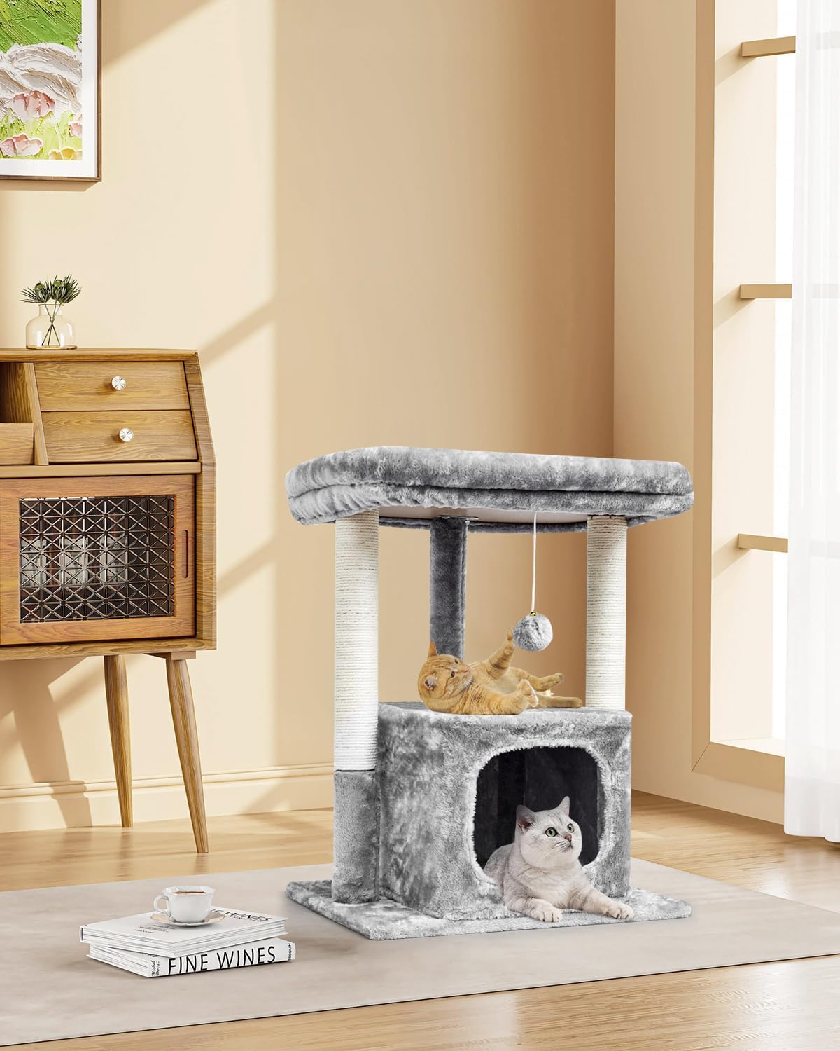 SYANDLVY 27IN Cat Tree for Indoor Cats Large Adult, Modern Activity Tower with Scratching Posts, Condo with Plush Perch, Climbing Stand with Spring Ball for Play, Grey