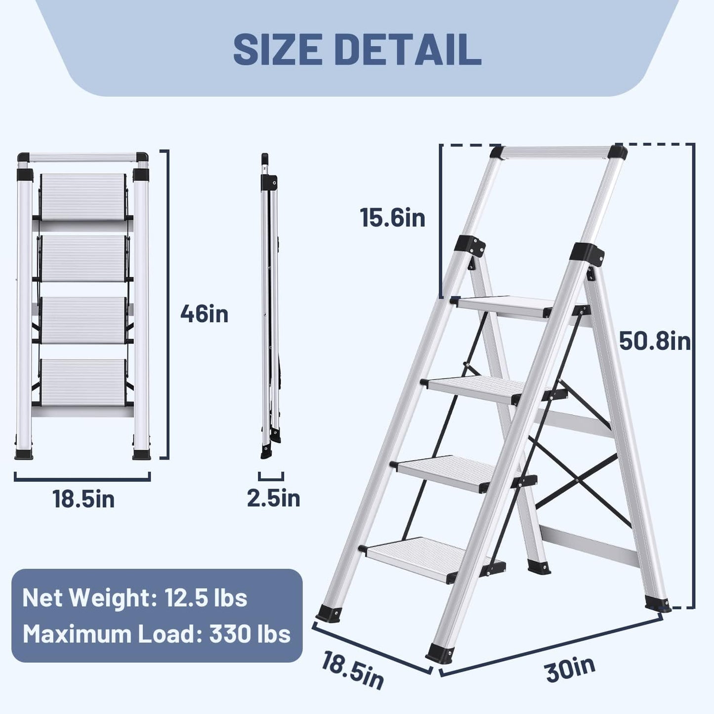 XinSunho 4 Step Ladder, Retractable Handgrip Folding Step Stool with Anti-Slip Wide Pedal, Aluminum Stool Ladders 4 Steps, 330lbs Safety Household Ladder