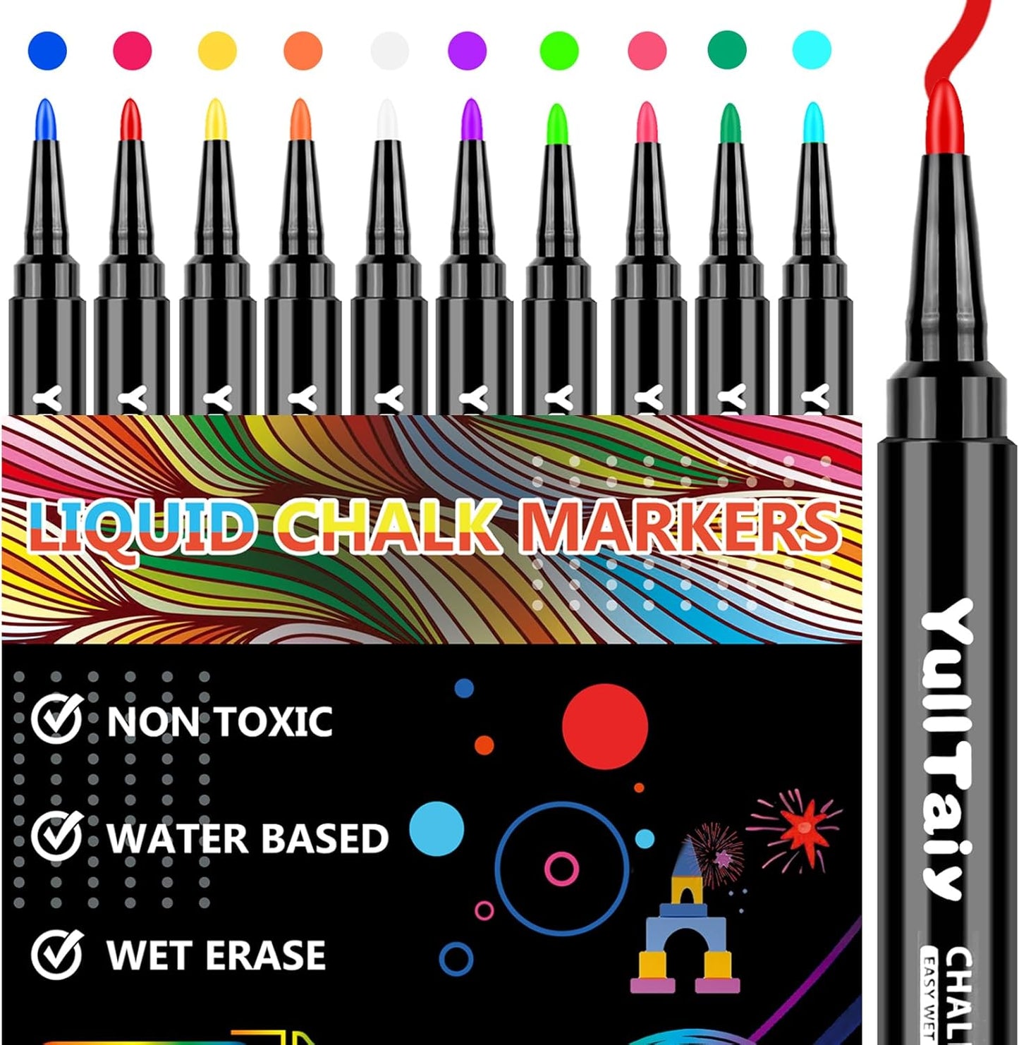 Liquid Chalk Markers for Acrylic Calendar Planning Board, Dry Erase Board Whiteboard, Glass, Mirror, 1mm Fine Points, Easy Wet Erase (10 Color)