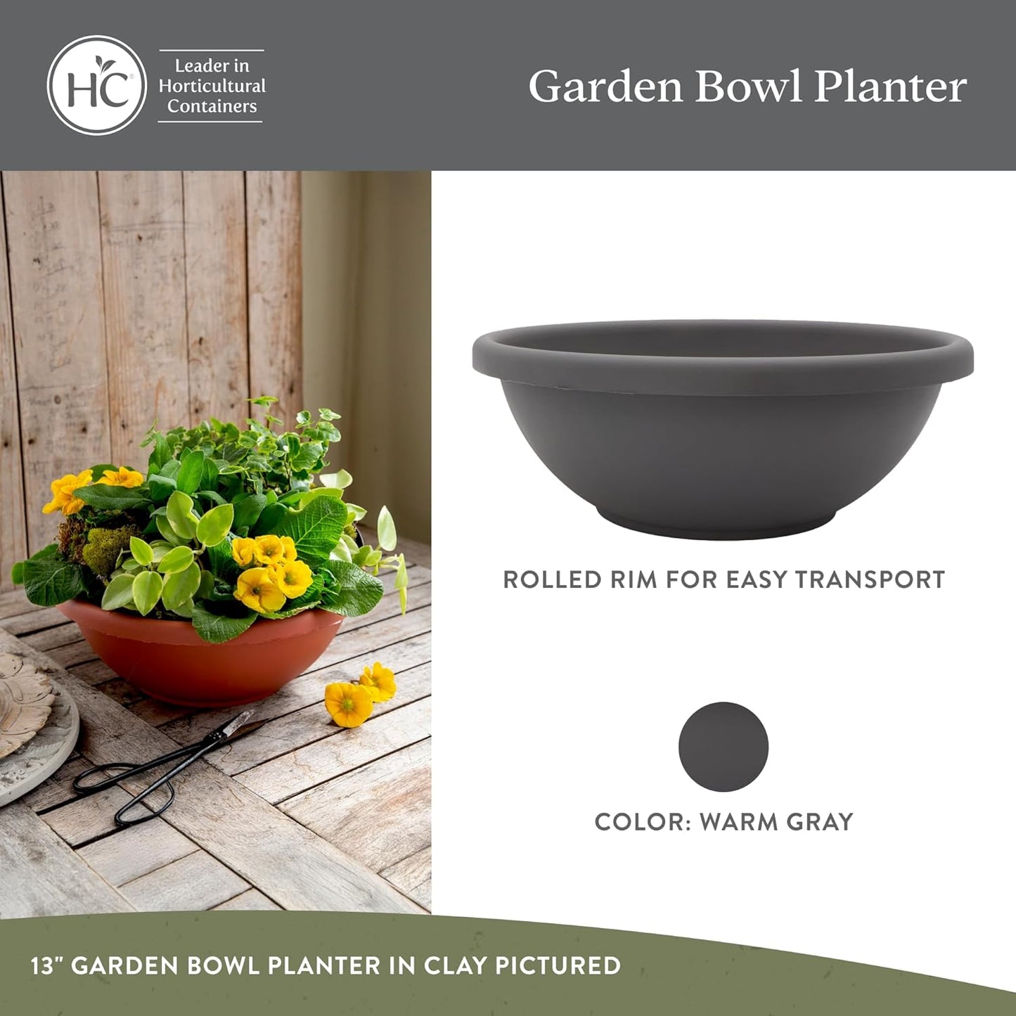 The HC Companies Shallow Planter with Drainage - Contemporary Garden Bowl Planter for Flowers, Herbs & More - Round Succulent Planter Pot for Indoors and Outdoors (20" Warm Gray, Pack of 1)