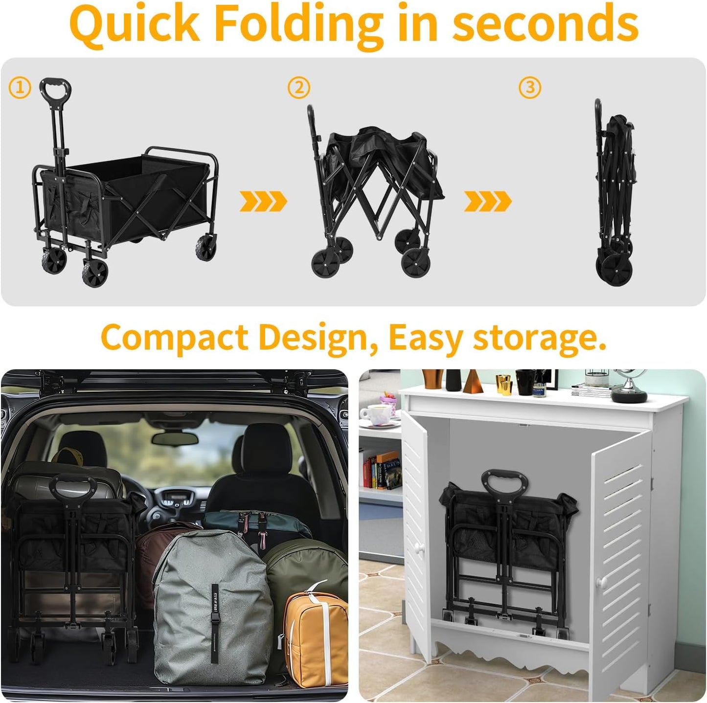 Collapsible Folding Wagon Cart with Wheels, 220 LBS Capacity, Lightweight Portable Utility Cart with Flexible Handle for Grocery Sports Garden Camping